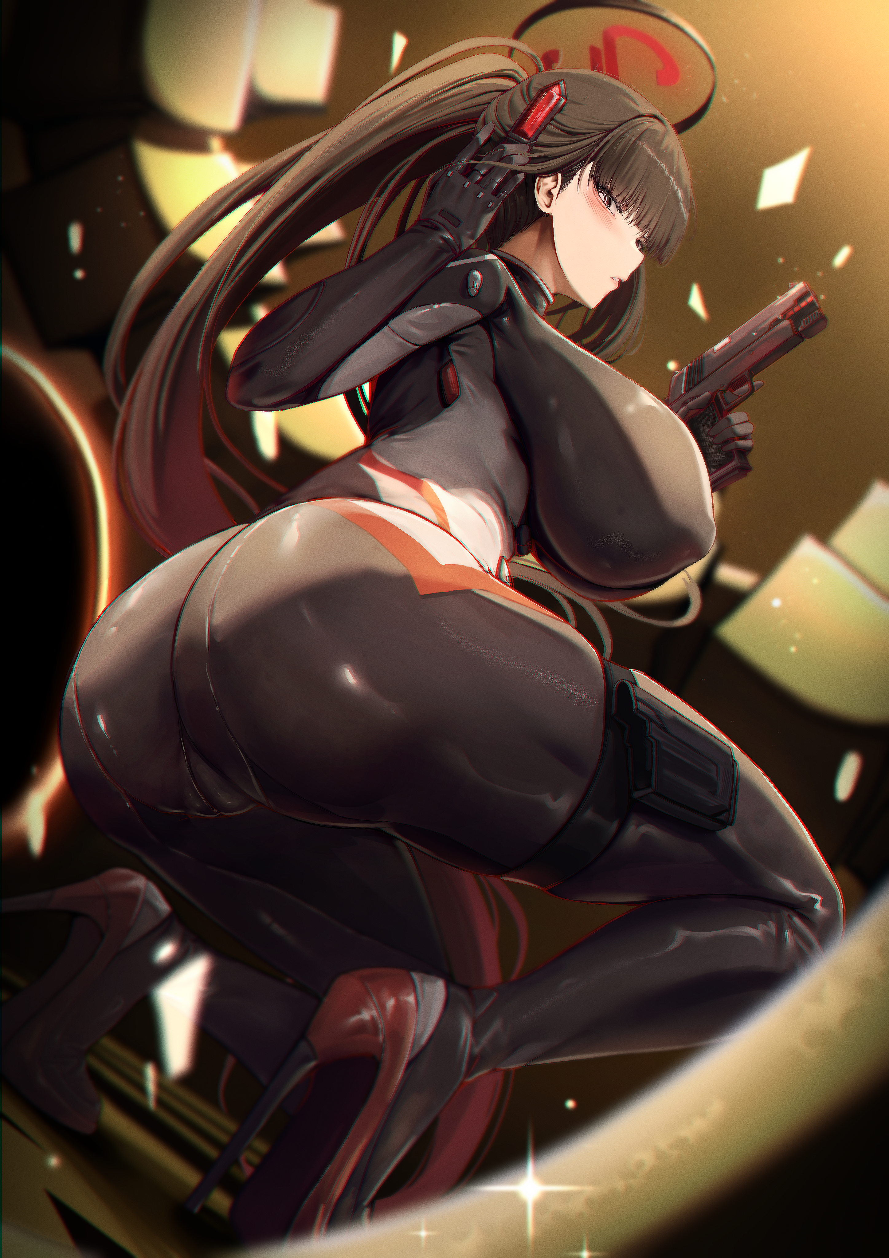 absurdres, ass, black bodysuit, black hair, blue archive, blunt bangs, blush, bodysuit, breasts, bright pupils, female, gun, halo, handgun, highres, huge ass, huge breasts, kuutamo, long hair, m1911, millennium science school student, official alternate costume, parted lips, ponytail, red eyes, ringed eyes, rio (armed) (blue archive), rio (blue archive), seminar (blue archive), skin tight, solo, thighs, very long hair, weapon