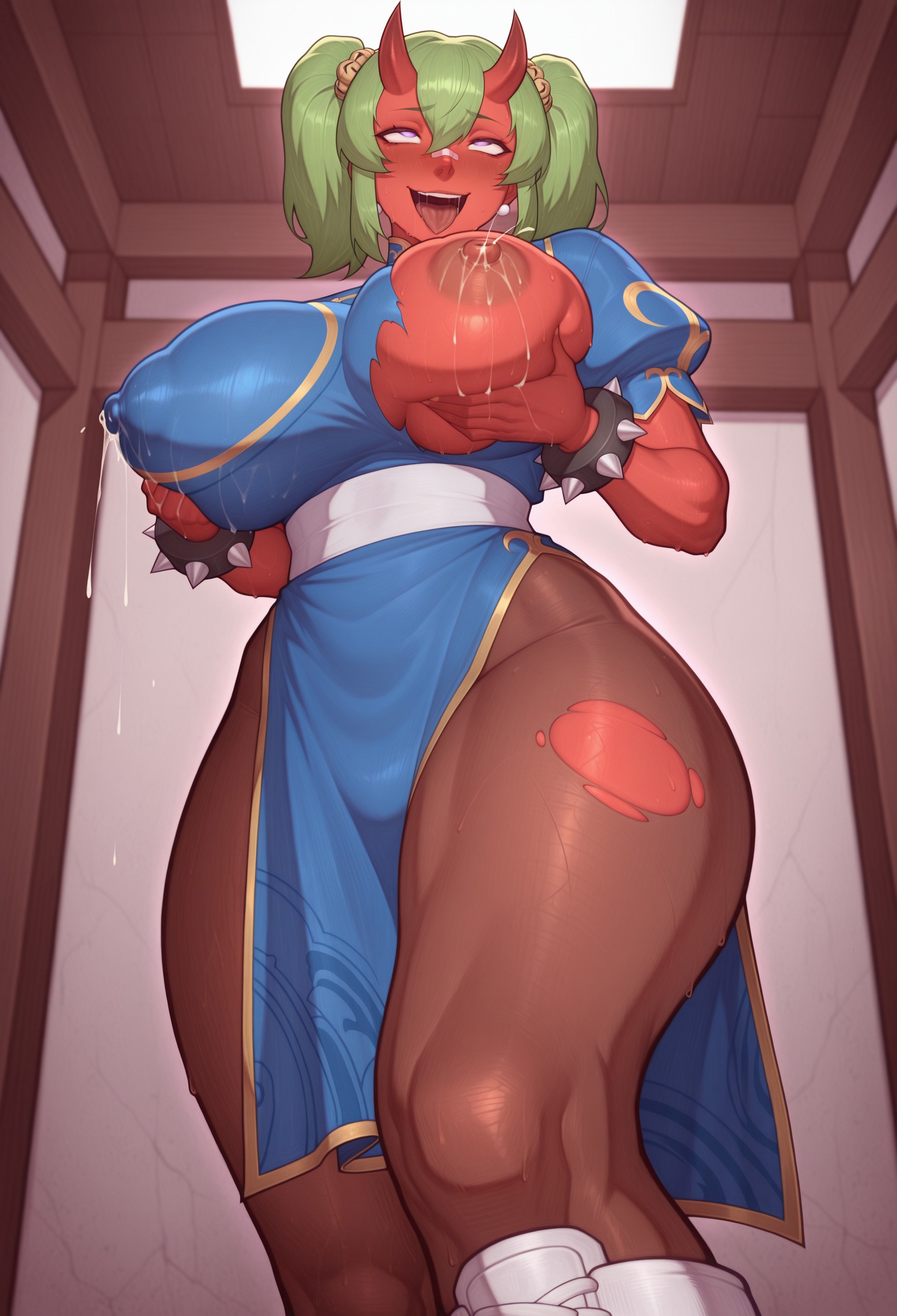 1girls, absurd resolution, absurdres, ahe gao, ahegao, ahegao face, ai generated, alternate costume, aroused face, belt, big breasts, boots, bracelet, breast focus, breasts, breasts apart, breasts out, breasts out of clothes, bright pupils, busty, busty female, chesto67295, china dress, chinese clothes, chun-li (cosplay), close-up, comission, demon, demon girl, detailed, dress, earrings, epic games, excited, excited female, female, female focus, female only, footwear, fortnite, fortnite: battle royale, from below, front view, gold trim, green hair, green-haired female, hair between eyes, half naked, half-dressed, happy, happy female, hat, high resolution, highres, horny, horny female, huge breasts, jewelry, lactating, lactation, large breasts, lilac eyes, medium hair, milk, nemia (fortnite), nipples, oni, oni female, oni horns, open mouth, overflowing breasts, pantyhose, parted lips, pelvic curtain, presenting breasts, puffy sleeves, raised eyebrows, red body, red skin, sash, self upload, short sleeves, side slit, smile, smirk, smirking, solo, solo female, solo focus, spiked bracelet, spikes, street fighter, tongue, tongue out, turned on, twintails, video game, video game character, video game franchise, video games