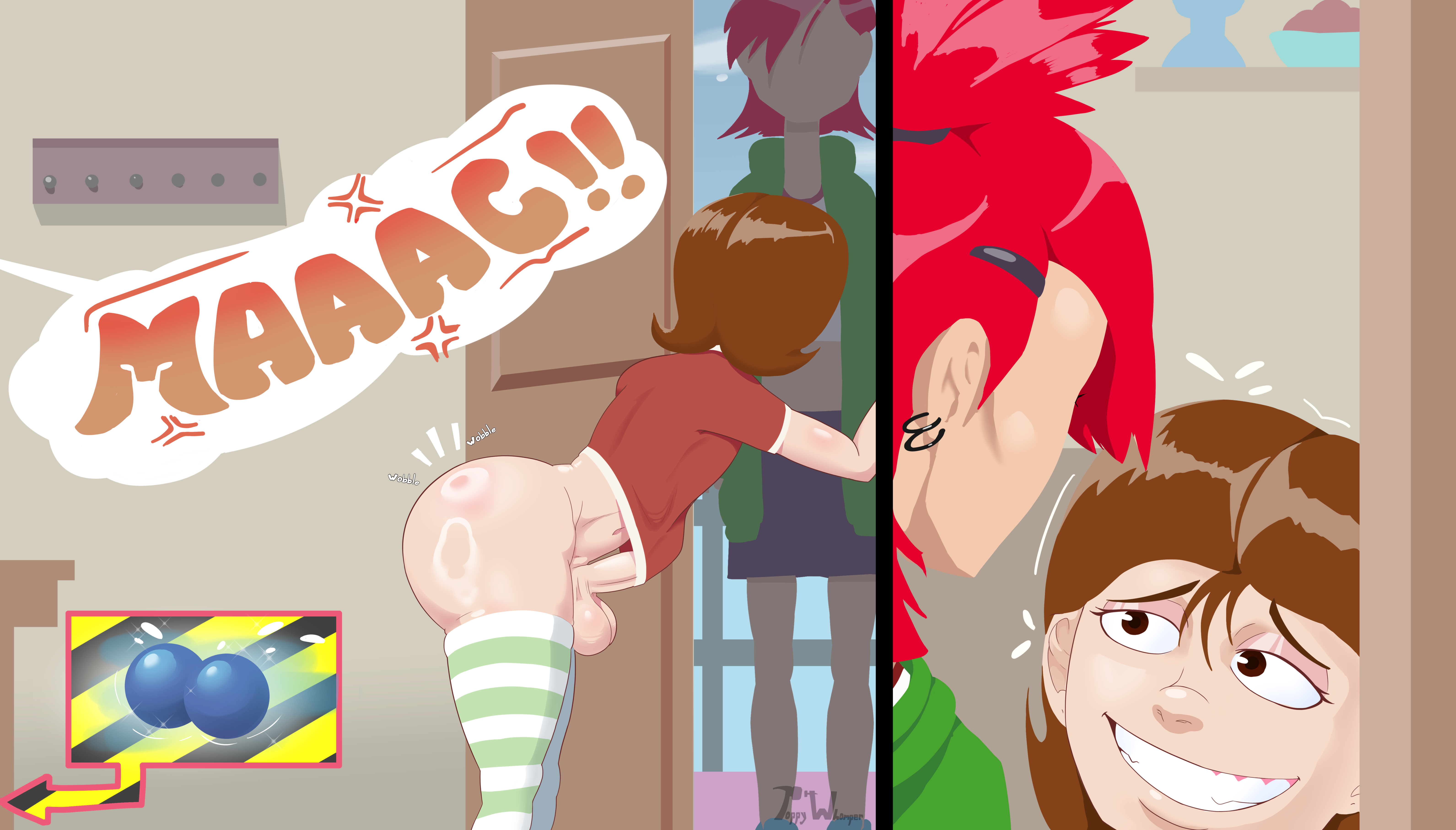 1boy, 1girls, angry, balls, blue balls, bottomless, bottomless male, brown hair, cartoon network, doorway, earrings, female, femboy, foster's home for imaginary friends, frankie foster, goo goo gaga, hiding behind object, imminent sex, light skin, light-skinned female, light-skinned male, looking at another, mac (fhfif), male, poppy-whomper, red hair, smile, striped thighhighs, talking to another, thighhighs
