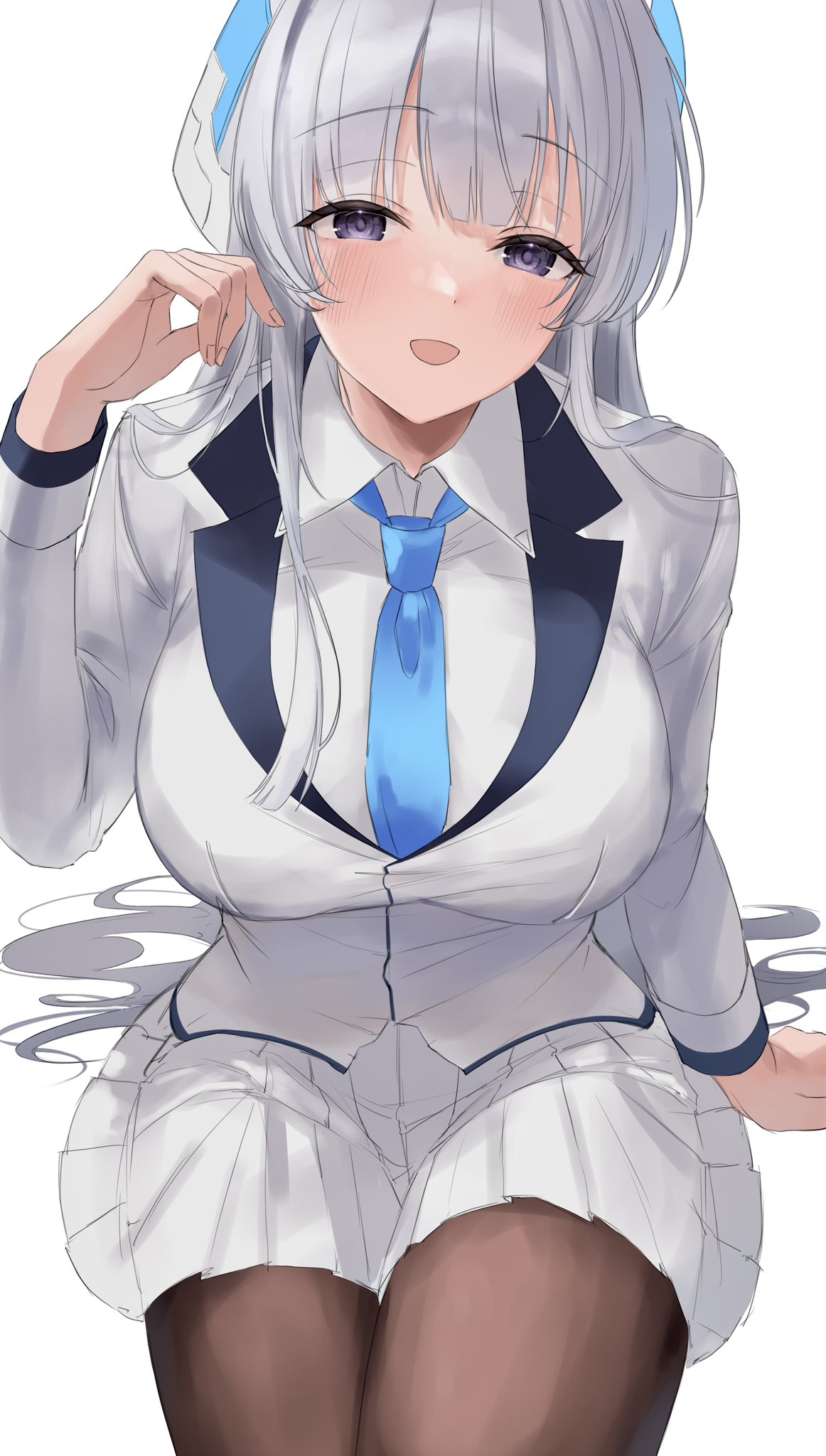 1girls black_pantyhose blue_archive blue_necktie blush breasts collared_shirt female hand_up headset highres large_breasts long_hair long_sleeves looking_at_viewer miniskirt necktie noa_(blue_archive) open_mouth pantyhose pleated_skirt purple_eyes shirt simple_background sitting skirt solo very_long_hair white_background white_shirt white_skirt ya_ta