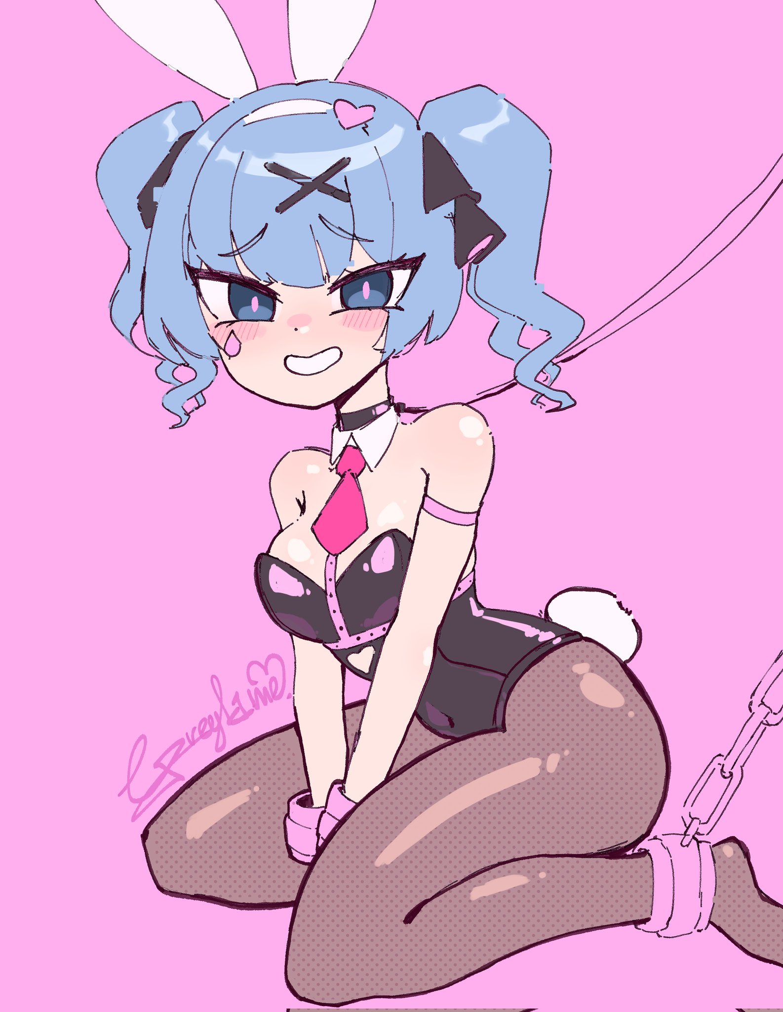1girl, animal ears, bangs, bare shoulders, black leotard, blue eyes, blue hair, blush, blush lines, bound, breasts, bunny ears, bunny tail, chain, chains, cleavage, clothed, collar, covered navel, cuffs, detached collar, fake animal ears, fake tail, female, fishnet pantyhose, fishnets, greyl1me, grin, hair ornament, hairband, hatsune miku, heart, heart hair ornament, kinky, latex, leash, leotard, looking at viewer, medium breasts, necktie, pantyhose, pink background, pink necktie, playboy bunny, rabbit ears, rabbit hole (vocaloid), rabbit tail, shackled, shackles, short necktie, signature, simple background, sitting, smile, smiling, smiling at viewer, solo, strapless, strapless leotard, tagme, tail, thick thighs, thighhighs, tie, tied up, twintails, vocaloid, wariza, wrist cuffs, x hair ornament
