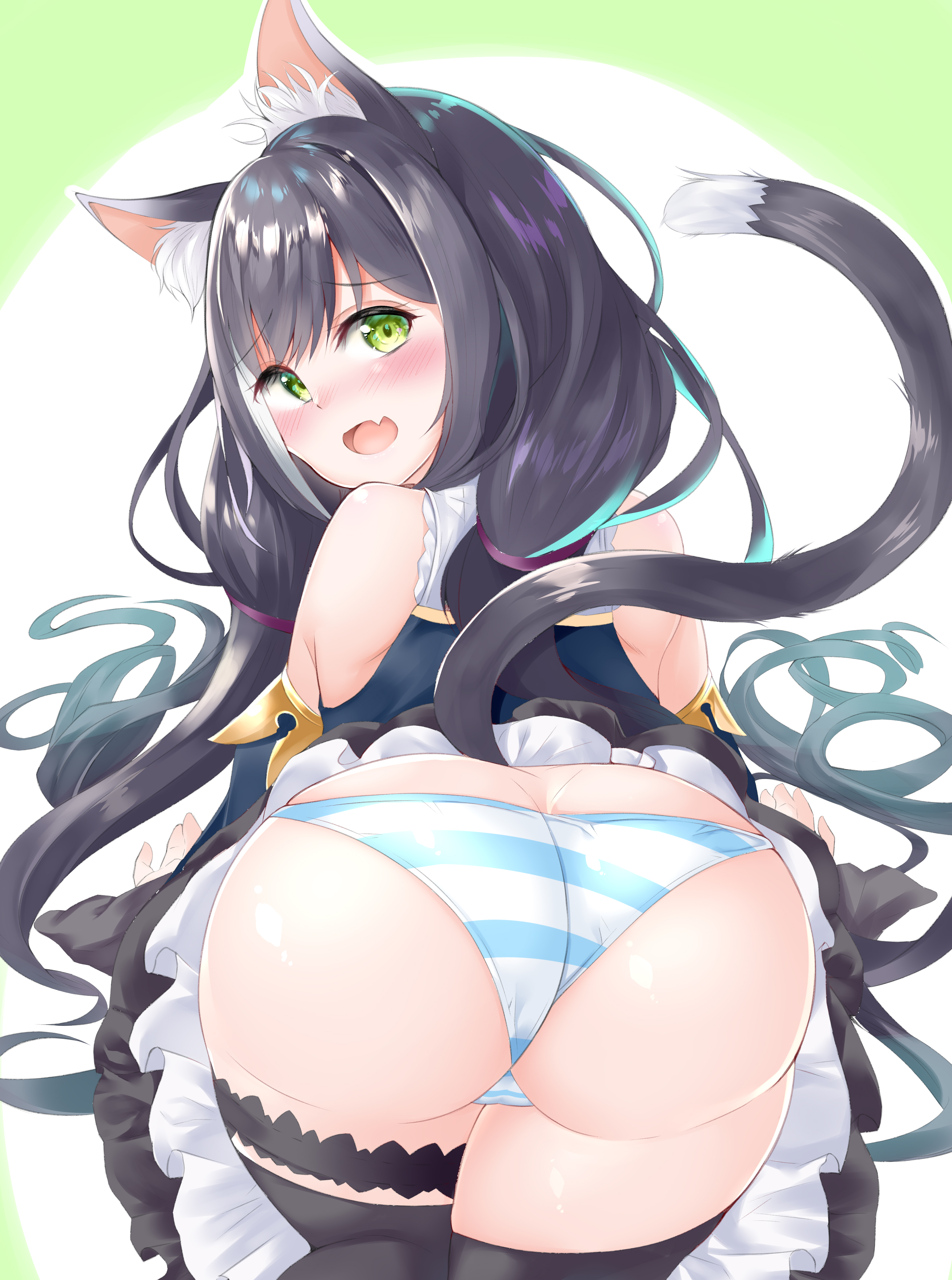 absurdres, animal ear fluff, animal ears, ass, ass cleavage, ass crack, black hair, blush, butt crack, cat ears, cat girl, cat tail, detached sleeves, dress, female, from behind, green eyes, highres, karyl (princess connect!), long hair, looking at viewer, looking back, low twintails, micosivaa, multicolored hair, panties, princess connect!, shimapan, shiny, shiny hair, shiny skin, skirt, sleeveless, sleeveless dress, solo, streaked hair, striped, striped panties, tail, thighhighs, twintails, underwear, upskirt
