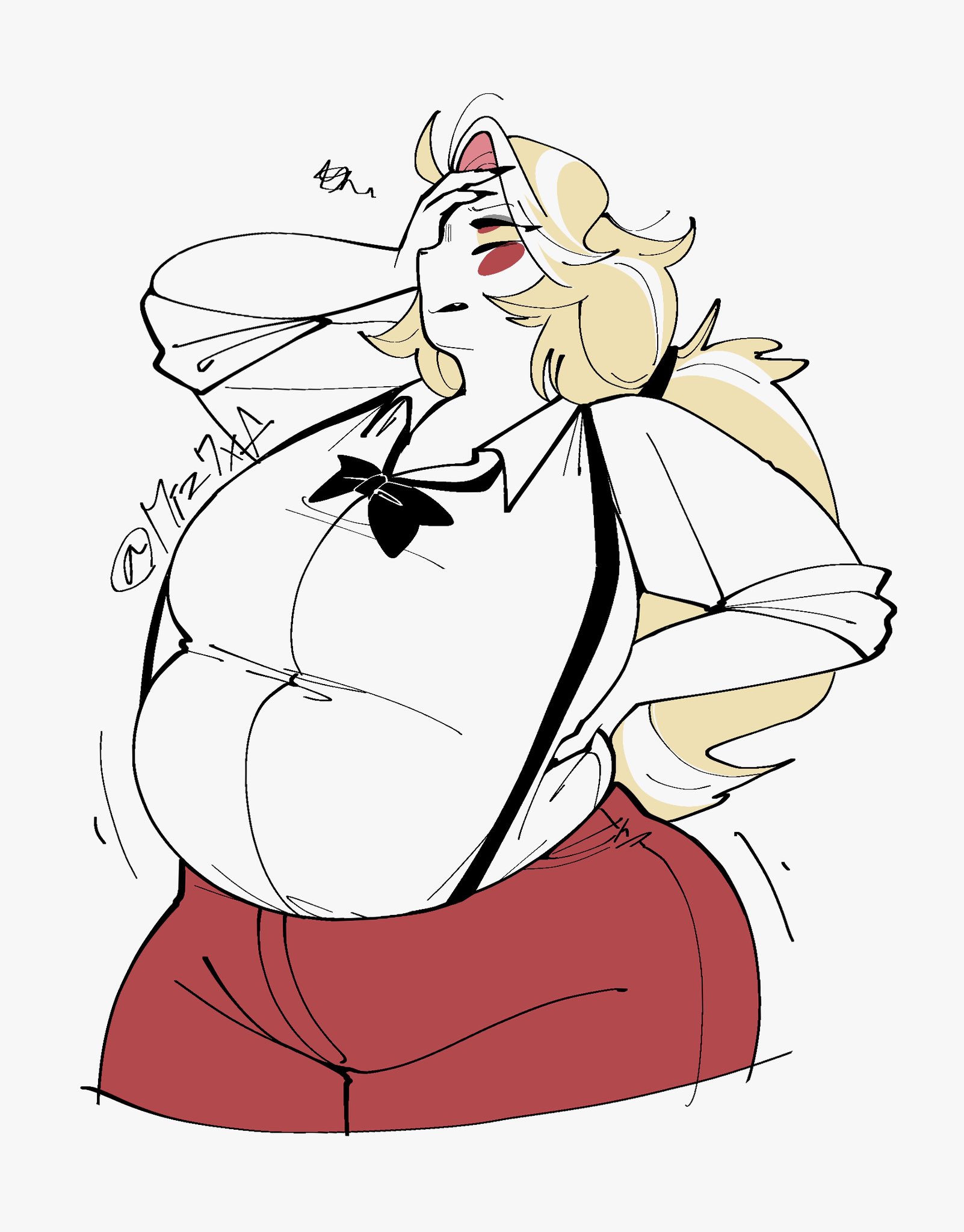 annoyed, ass, bbw, belly, big ass, big belly, big breasts, big thighs, blonde hair, bowtie, breasts, charlie morningstar (hazbin hotel), chubby, chubby female, fat, fat ass, fat belly, fat female, female, fully clothed, hand on head, hand on hip, hazbin hotel, huge hips, huge thighs, large breasts, miz7xf, obese, overweight, suspenders, thick, thick thighs, thighs, tight clothing, vivienne medrano, wide hips