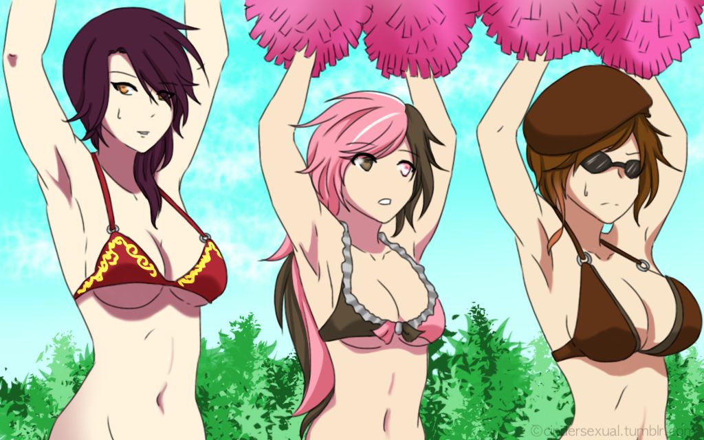 amagi brilliant park, armpits, arms up, belly button, bikini, bikini top, black hair, breasts, brown hair, bush, cheerleader, cinder fall, cindersexual, coco adel, female, glasses, hat, leaves, long hair, neo (rwby), outdoors, pink hair, pom poms, rooster teeth, rwby, short hair, sunglasses, sweatdrop, tinted eyewear