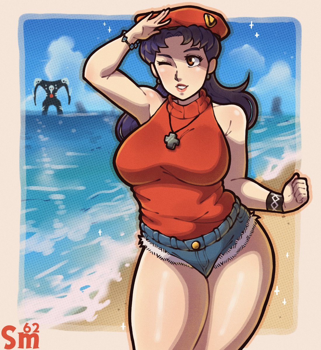 1girls angel artist_logo beach big_breasts busty curvy jean_shorts light-skinned_female light_skin misato_katsuragi neon_genesis_evangelion purple_hair red_eyes samario shorts thick wink