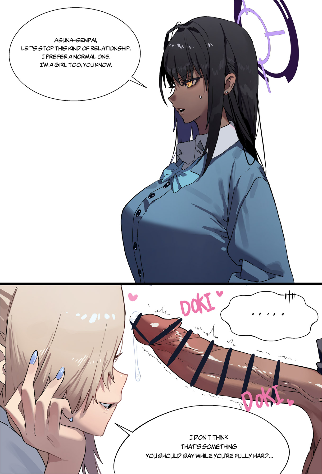 asuna (blue archive), black hair, blonde hair, blue archive, breasts, censored, dark skin, dark-skinned futa, english dialogue, english text, female, futanari, huge breasts, huge cock, intersex, karin (blue archive), kyuri yaki, light skin, light-skinned female, penis, text, veiny penis