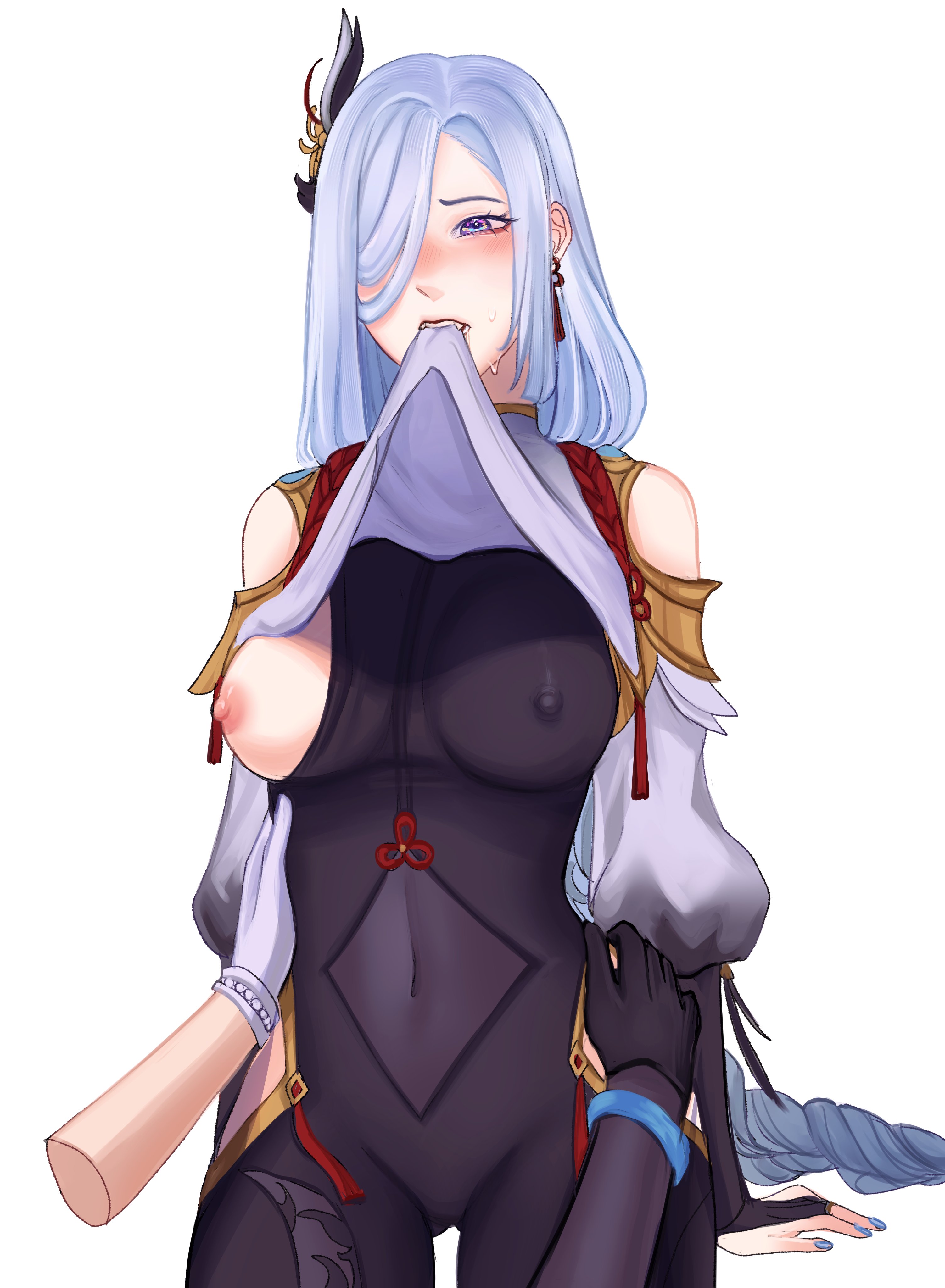 2girls, blush, breasts, disembodied hands, earrings, erect nipples, female, female only, genshin impact, gloves, light skin, light-skinned female, long hair, mihoyo, multiple females, multiple girls, nipples, nipples visible through clothing, one eye covered, shenhe (genshin impact), shirt in mouth, topwear in mouth, yasburger, yelan (genshin impact), yuri