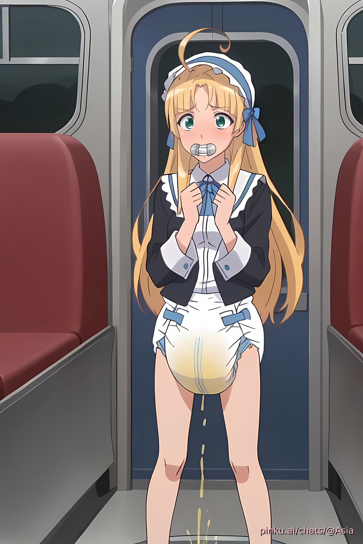 ai generated, asia argento, baby bonnet, bonnet, crying, crying with eyes open, diaper, embarrassed, embarrassed female, female, full diaper, high school dxd, lv99slime, pacifier, peeing, peeing on floor, peeing self, train, wet diaper