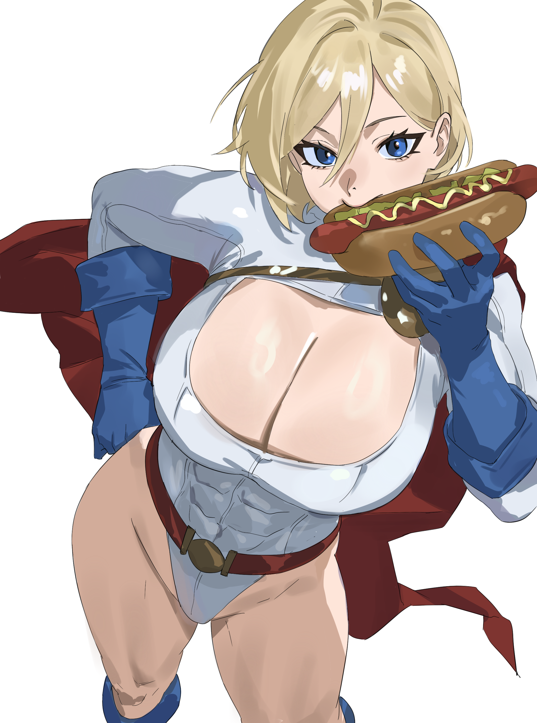 1girls, absurdres, alien, alien girl, belt, big breasts, blonde female, blonde hair, blue boots, blue eyes, blue gloves, boob window, boots, breasts, busty, cape, cleavage, cleavage cutout, clothed, clothing cutout, curves, curvy, dc, dc comics, eating, female, female kryptonian, female only, food, gloves, highleg, highleg leotard, highres, hot dog, hot dog bun, huge breasts, kara zor-l, karen starr, kryptonian, large breasts, leotard, light skin, light-skinned female, long sleeves, looking at viewer, mostly clothed, power girl, power girl (1976 costume), red belt, red cape, short hair, sleeved leotard, solo, superhero costume, superheroine, superheroine costume, superman (series), taiyang yu, thighs, white leotard