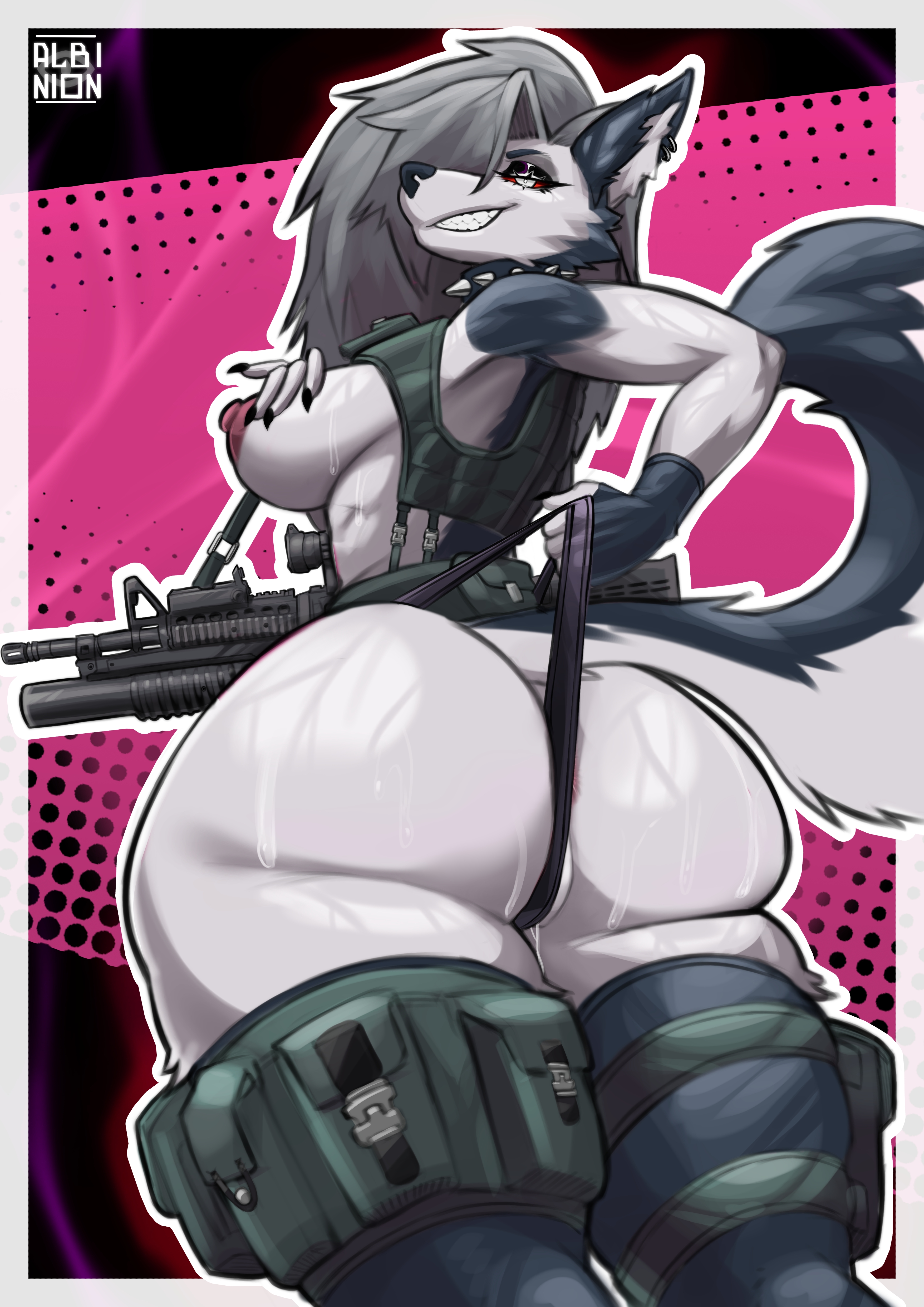 1girls, 2d, 2d (artwork), absurd res, albinion, anthro, areola, ass, assault rifle, big ass, big breasts, big butt, bodily fluids, breasts, canid, canid demon, canine, canis, clothed, clothing, demon, digital media (artwork), female, fur, furry, grey body, grey fur, grey hair, gun, hellaverse, hellhound, helluva boss, hi res, holding object, holding weapon, legwear, long hair, looking at viewer, loona (helluva boss), m4a1, m4a1 sopmod, mammal, military uniform, mythological canine, mythological creature, mythology, naked, naked female, nipples, nude, nude female, open mouth, piercing, ranged weapon, red sclera, rifle, smile, solo, sopmod, stockings, tactical, tactical gear, tail, text, thigh highs, two-tone body, two-tone fur, two-tone tail, uniform, weapon, white body, white eyes, white fur, wolf, wolf girl
