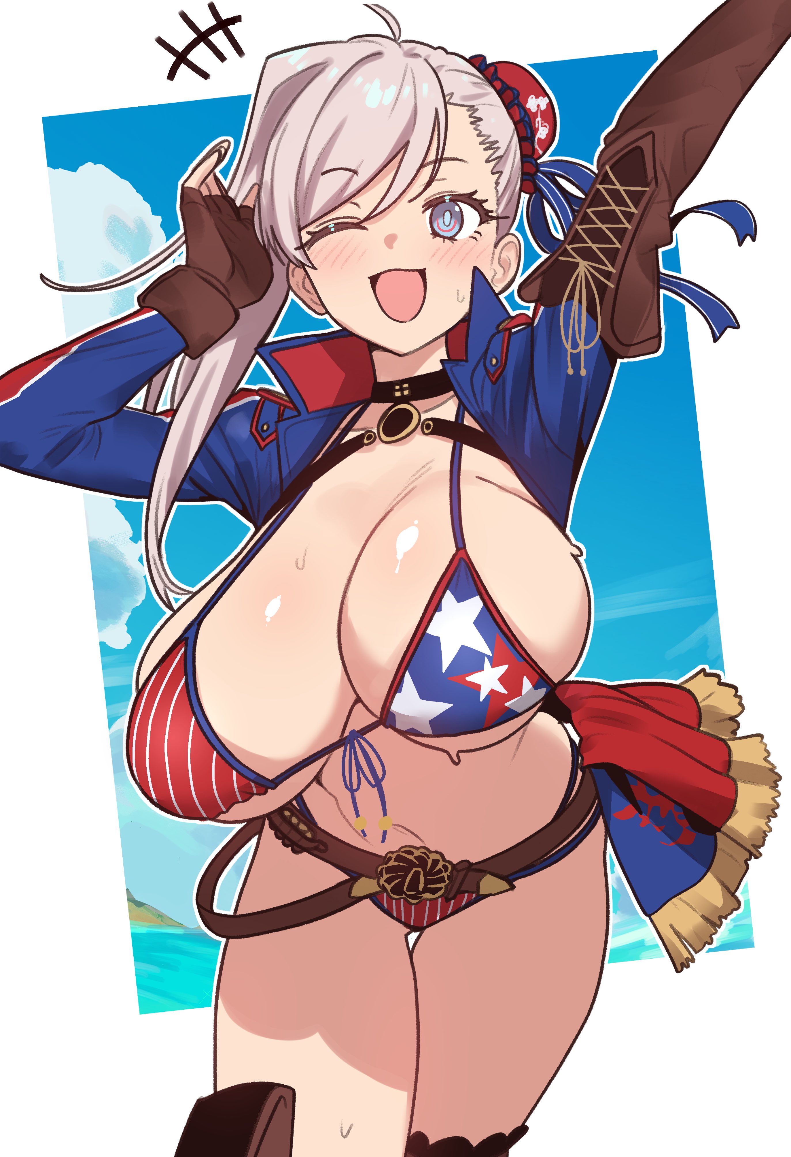 1girls, american flag bikini, asymmetrical hair, bikini, blue eyes, breasts, ebora, fate (series), fate/grand order, female, hips, huge breasts, light skin, light-skinned female, long hair, miyamoto musashi (fate), miyamoto musashi (swimsuit berserker), pink hair, thick thighs, thighs, wide hips, youngmanisdown
