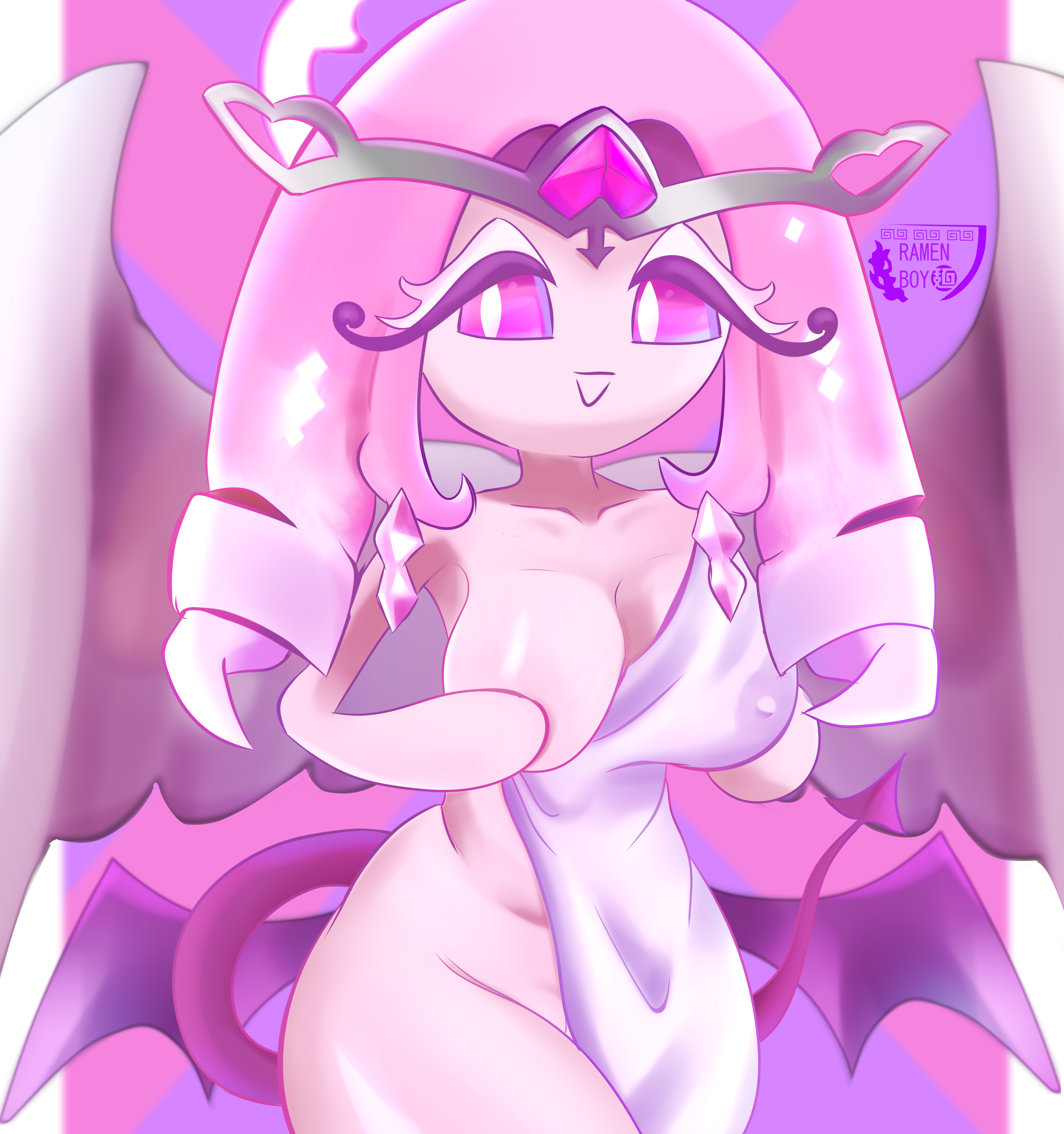angel wings, ass, bat wings, big ass, big breasts, breasts, completely nude, cookie run, cookie run kingdom, diamond, eternal sugar cookie, female, humanoid, long hair, nude, nude female, pink body, pink eyes, pink hair, ramenboy17, smiling, thick thighs, tiara, touching breast, towel