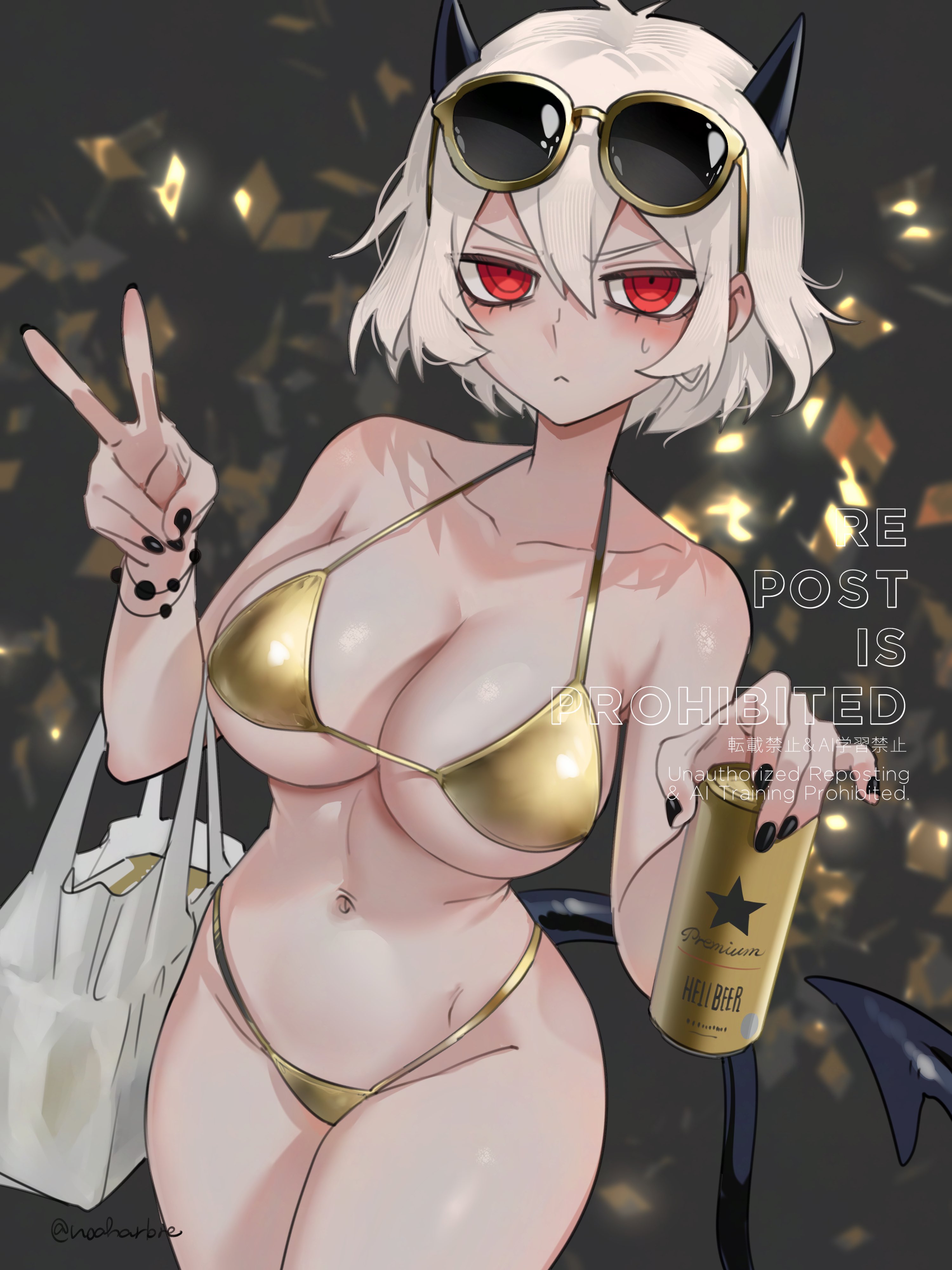 1girls, bikini, breasts, demon, demon girl, demon horns, demon tail, female, golden bikini, golden week, helltaker, horns, huge breasts, malina (helltaker), noah (tettsui-sole), noaharbre, red eyes, short hair, sunglasses, sunglasses on head, tagme, white hair