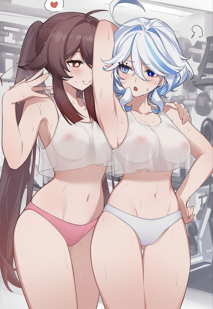 ai_generated breasts focalors_(genshin_impact)_(cosplay) furina furina_(genshin_impact) gym gym_uniform hu_tao_(genshin_impact) red_face short_shorts sidillusts thighs tired_eyes