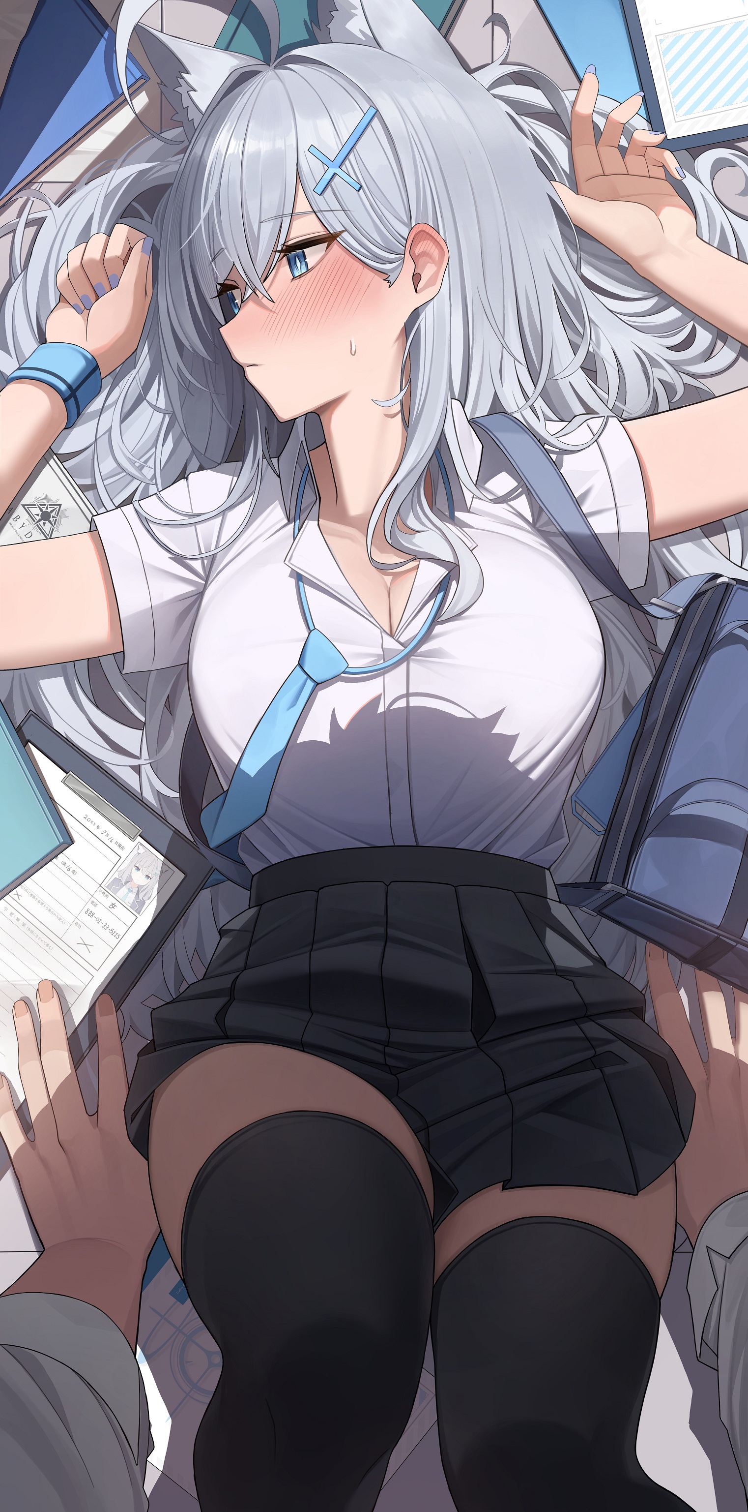 1boy, 1girls, absurdres, ahoge, animal ear fluff, animal ears, averting eyes, black skirt, black thighhighs, blue archive, blue bag, blue eyes, blue nails, blush, boy on top, breasts, cleavage, closed mouth, commentary, cross hair ornament, female, grey hair, hair ornament, highres, korean commentary, large breasts, looking to the side, lying, male, on back, pang-yo, pov, shiroko (blue archive), shiroko (terror) (blue archive), shirt, skirt, solo focus, straight, sweatdrop, thighhighs, white shirt, wolf ears, wolf girl, wristband, zettai ryouiki