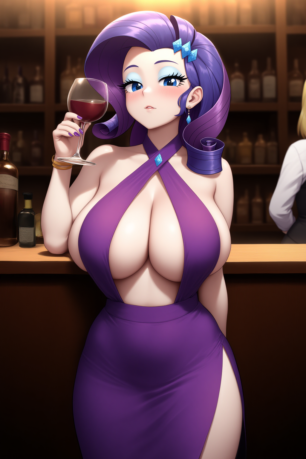 2girls ai_generated alcohol bar bartender big_breasts blue_eyeshadow bocas_top breasts cleavage dress drinking earrings equestria_girls eyeshadow friendship_is_magic hasbro indoors large_breasts looking_at_viewer my_little_pony nai_diffusion nail_polish novelai purple_dress rarity_(eg) rarity_(mlp) side_slit stable_diffusion wide_hips wine wine_glass