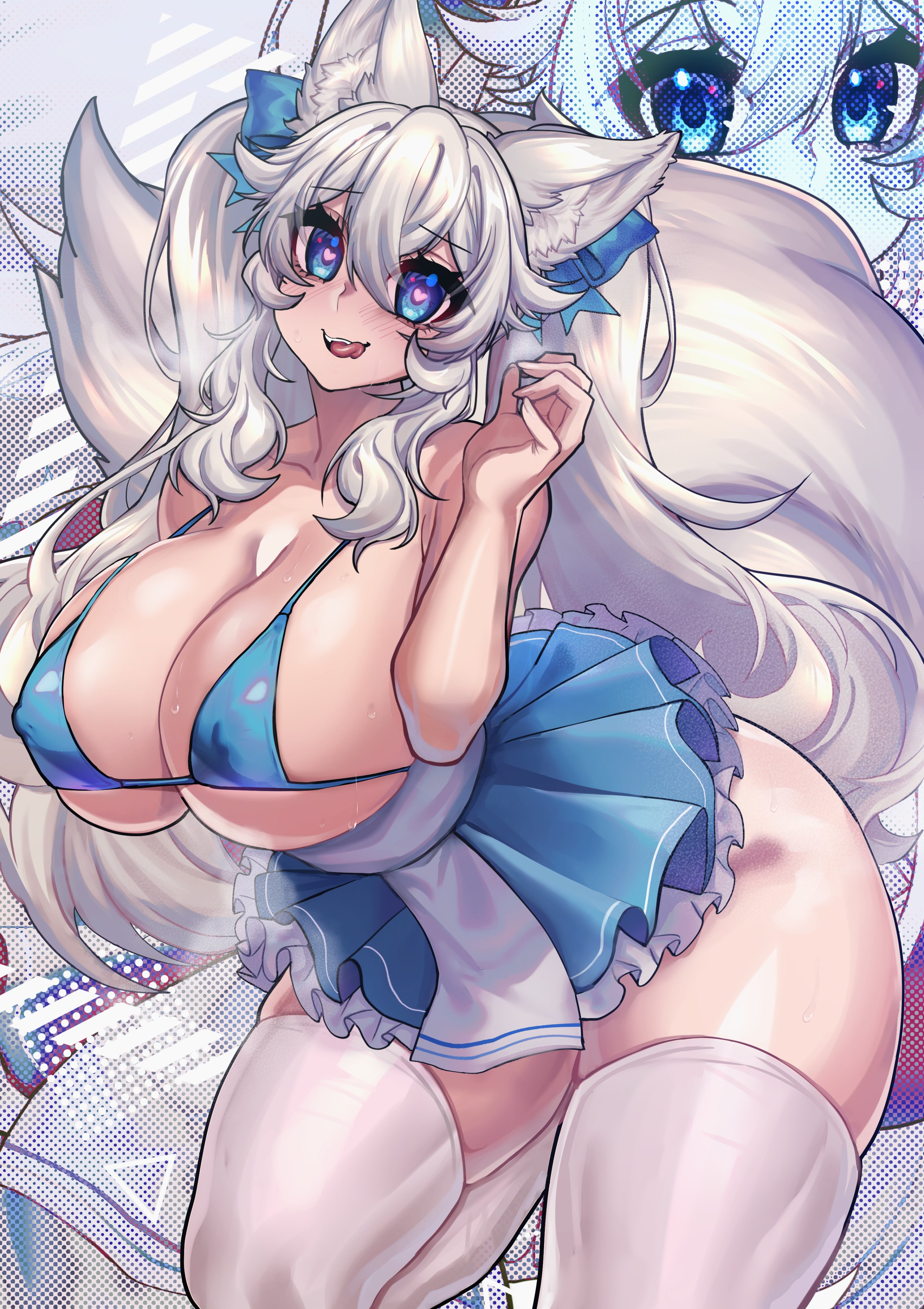 1girls, ass, big ass, big breasts, blue eyes, breasts, female, female focus, female only, finnish, finnish girl, heart-shaped pupils, huge breasts, indie virtual youtuber, kemonomimi, licking lips, light skin, light-skinned female, long hair, looking at viewer, lumi (merryweather), merryweather, nipple bulge, osiimi, silver hair, solo, thick thighs, thighhighs, twintails, virtual youtuber, white hair, wide hips, wolf, wolf ears, wolf girl, wolf tail, youtube, youtuber
