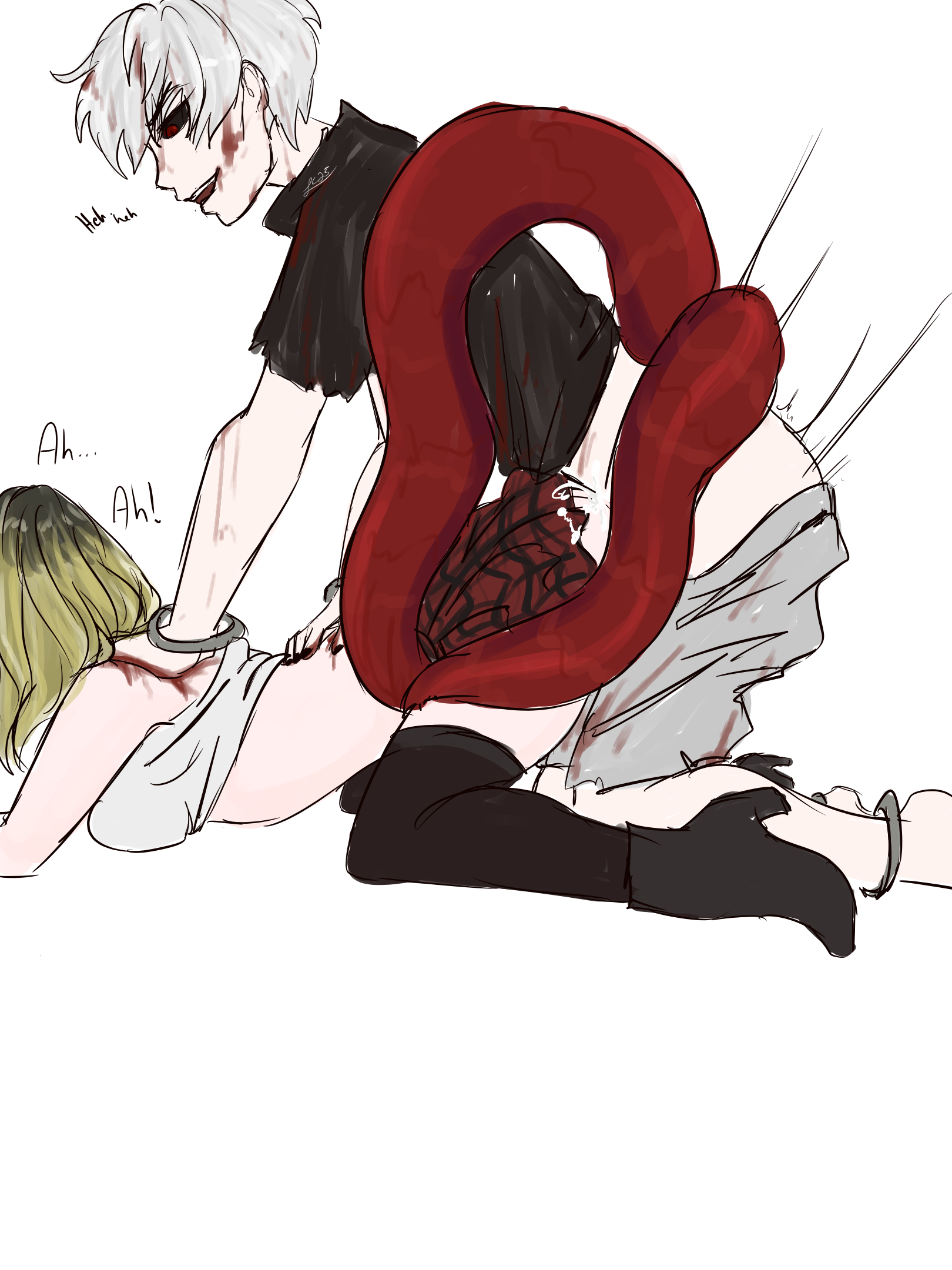 1boy, 1girl, 2d, blood on face, blood splatter, blood stain, crossover, dbd, dead by daylight, deadlyurges, kagune, kaneki ken, male focus, male penetrating, nea karlsson, partially clothed, tentacle, tentacle sex, thigh highs, thighhighs, tokyo ghoul