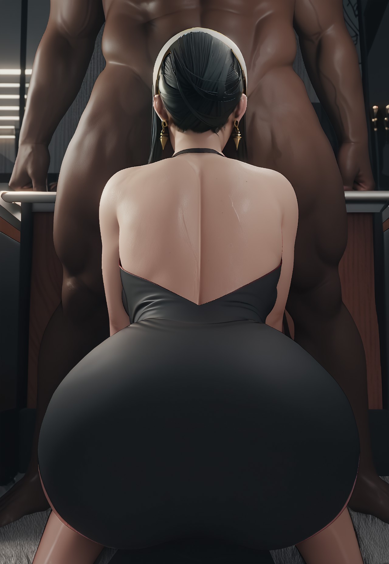 1boy, 1girls, 3d, ai generated, ass, back, back view, big ass, big breasts, black dress, black hair, blowjob, breasts, dark-skinned male, deepthroat, deepthroat no hands, dominant male, domination, dress, female, hands-free, huge ass, huge breasts, implied deepthroat, implied oral, light-skinned female, long hair, male, maledom, muscular, muscular male, nude, nude male, nude male clothed female, on knees, oral, sex, sodaglow artist, spy x family, submissive female, thick thighs, yor briar, yor forger