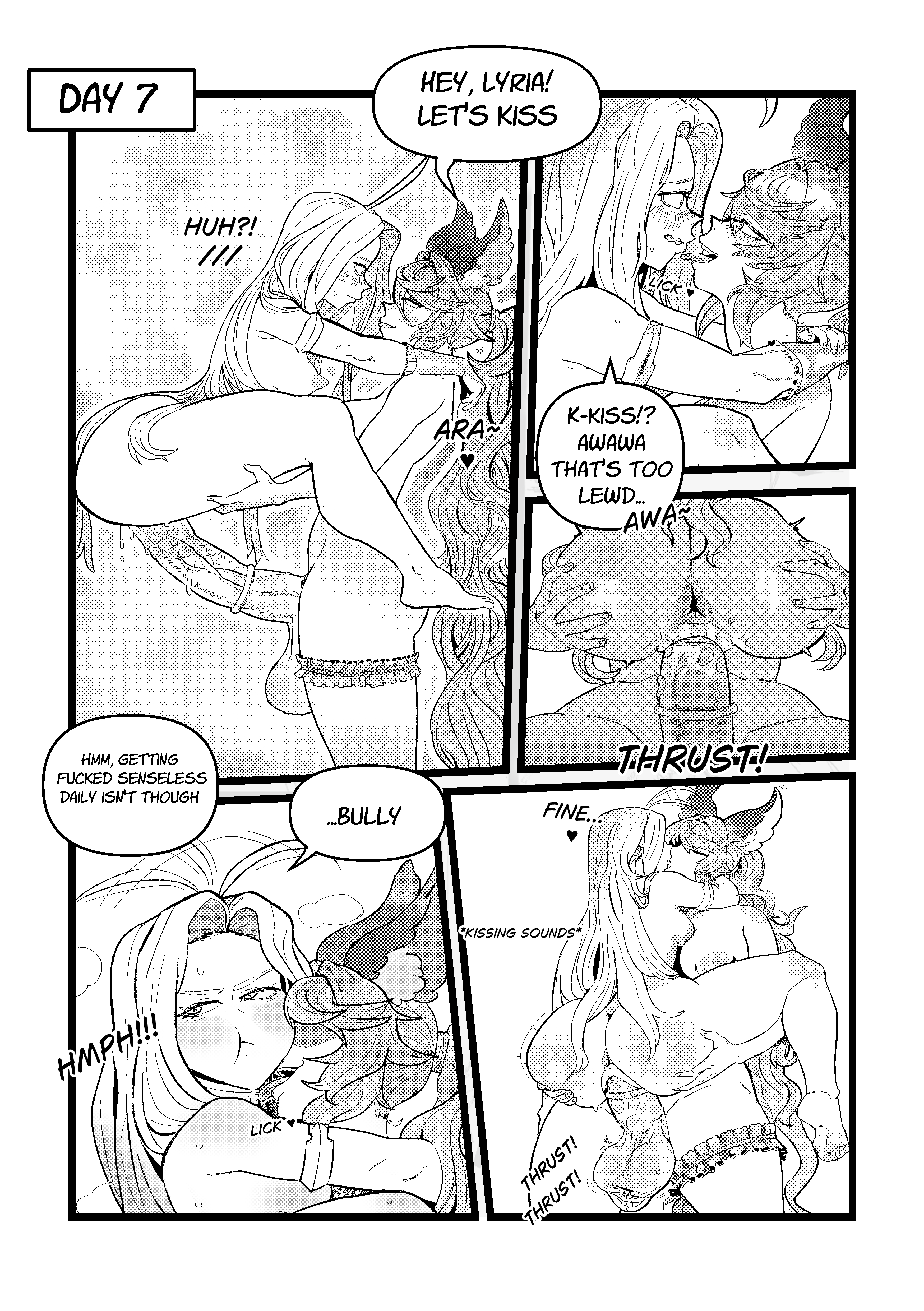 1futa, 1girls, animal ears, comic, comic page, commission, day count, female, french kiss, futa on female, futanari, granblue fantasy, horse penis, horsecock, horsecock on humanoid, huge cock, humanoid, intersex, kemonomimi, kissing, lyria (granblue fantasy), monochrome, monster girl, osumaruart, penis, pussy, satyr (granblue fantasy), self upload, sex, vaginal penetration