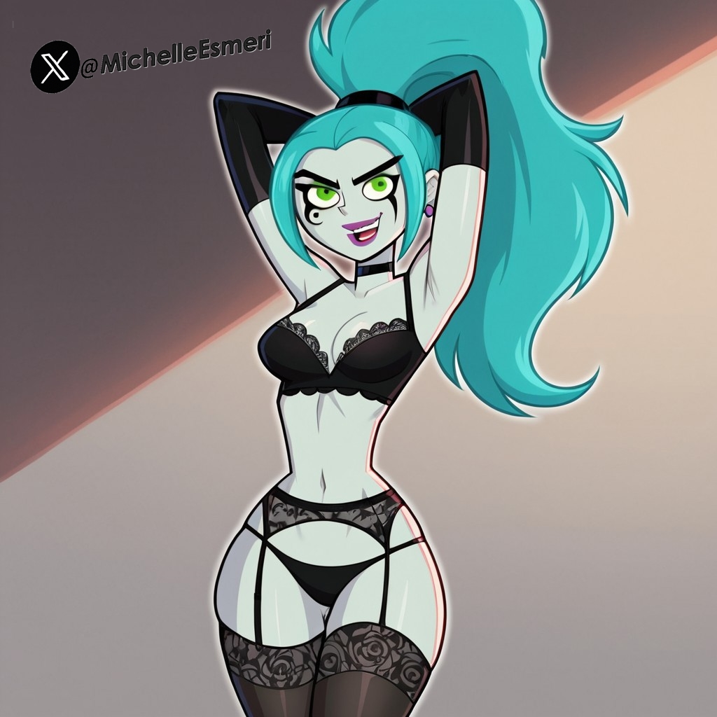 1girls, ai generated, blue hair, bra, danny phantom, ember mclain, female, ghost girl, glowing, green eyes, lingerie, lipstick, michellesme, nickelodeon, purple lipstick, solo, stockings, thong