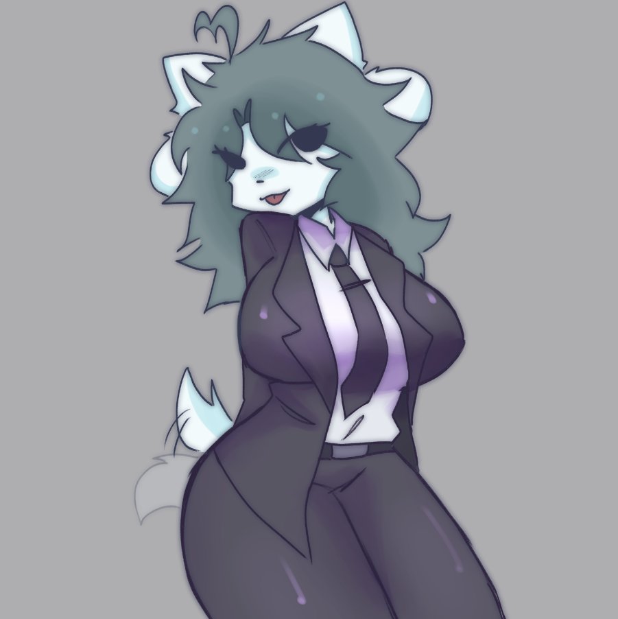 1girls, 4 ears, belt, black suit, breasts, cat ears, curly hair, dog ears, female, grey hair, huge breasts, medium hair, monster, monster girl, multi ear, scentedpocky, solo, suit, tailwag, temmie (undertale), thick thighs, thighs, undertale, wagging tail, white body, white fur