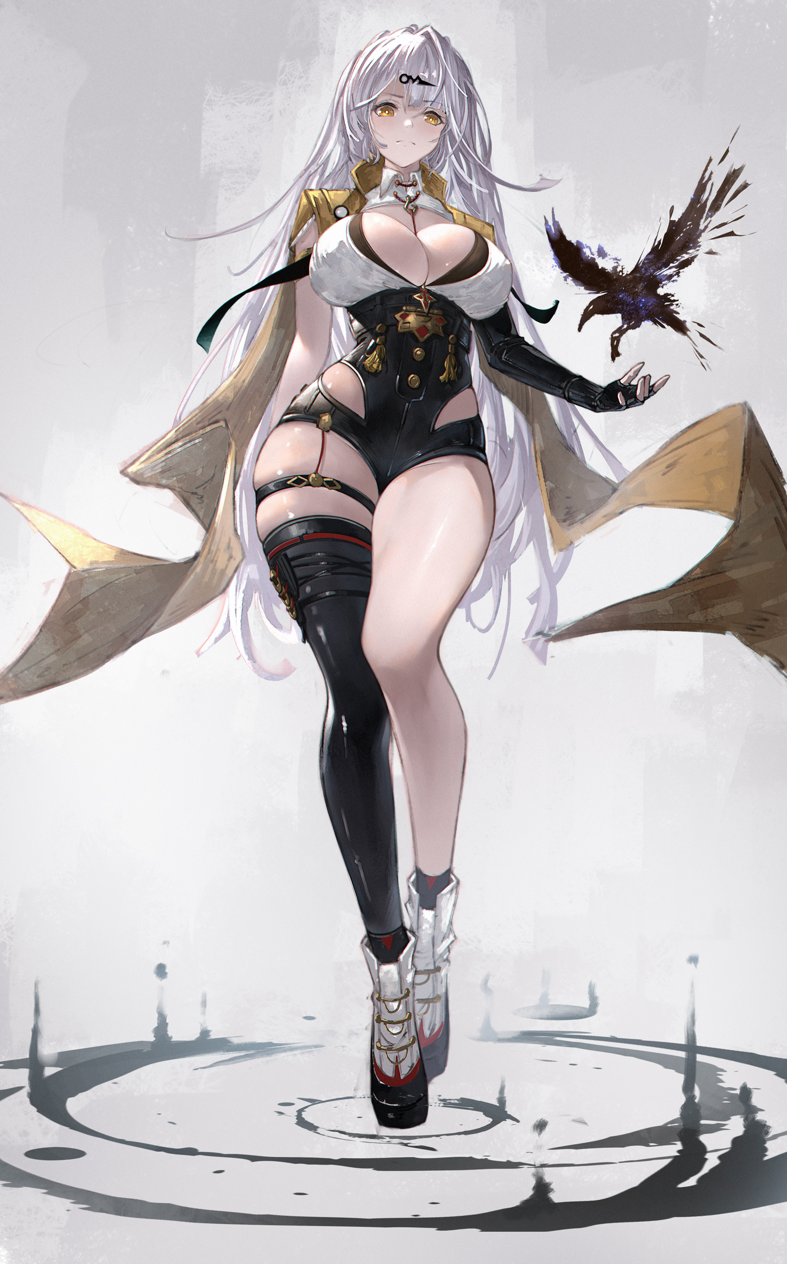 1girls, 2d, artist name, artist request, big breasts, breasts, busty, crow, female, female only, full body, hips, hoyoverse, huge breasts, large breasts, light skin, light-skinned female, mihoyo, mostly clothed, raven, tagme, thick, thick legs, thick thighs, thighs, void hunter, white hair, wide hips, yellow eyes, yixuan (zenless zone zero), yunkui summit, zenless zone zero