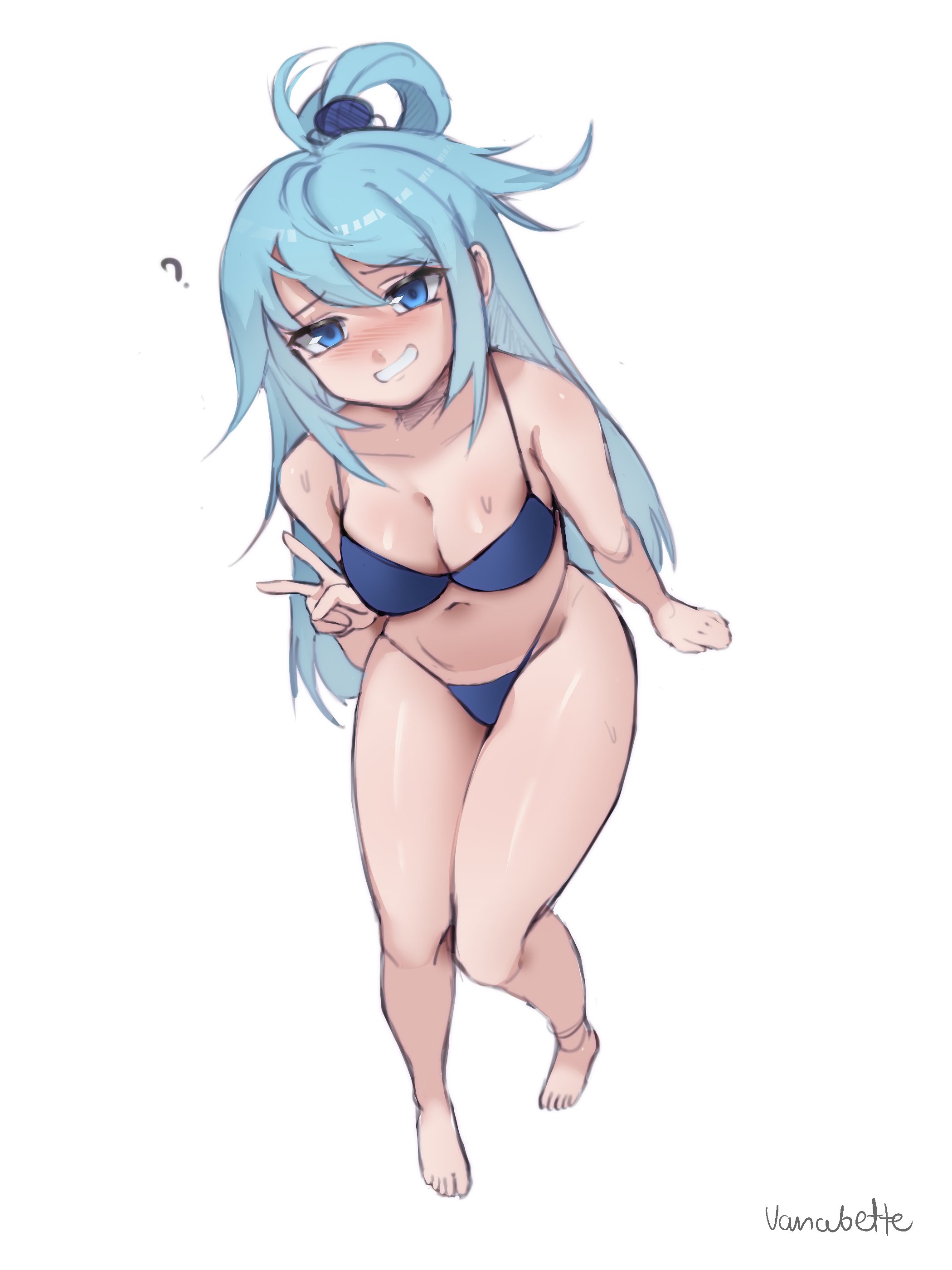 ?, 1girls, alternate version at source, alternate version available, aqua (konosuba), barefoot, bikini, blue eyes, blue hair, cleavage, female, full body, kono subarashii sekai ni shukufuku wo!, light skin, smile, solo, solo female, solo focus, swimsuit, swimwear, vanabette