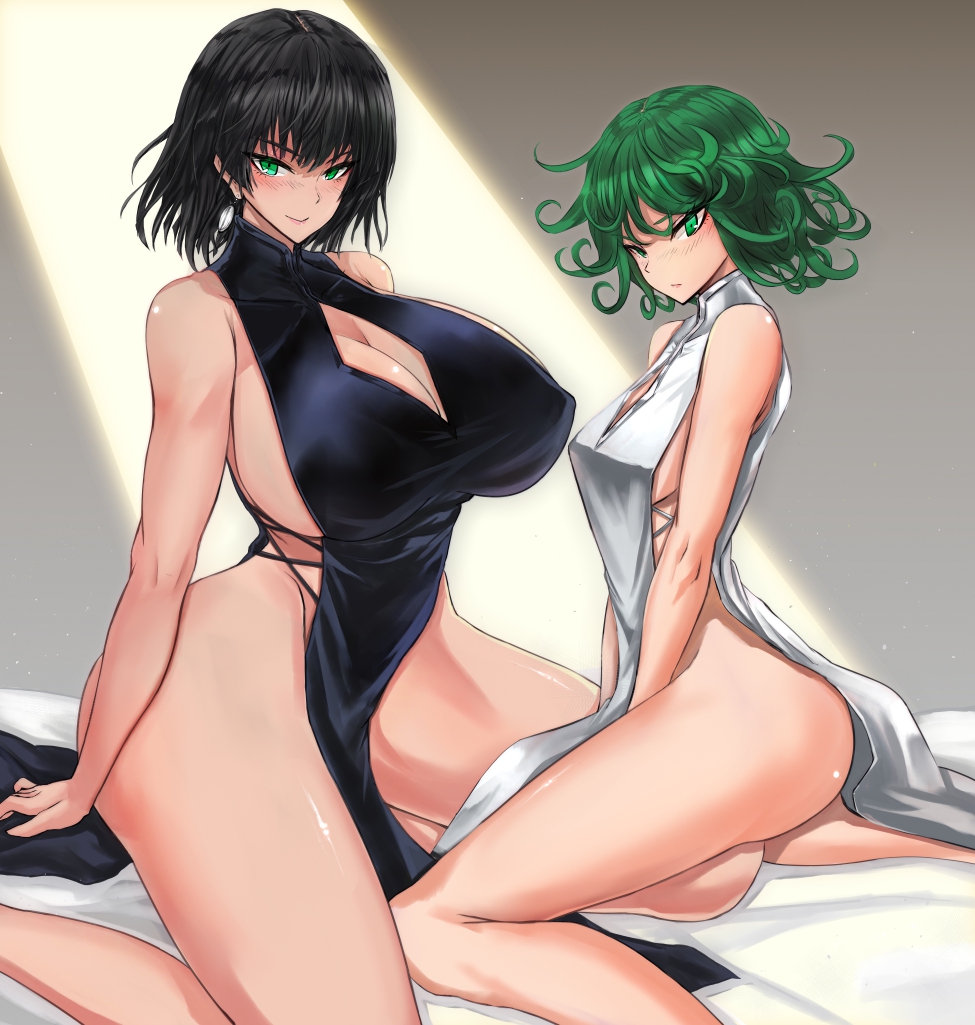 2girls, big breasts, blush, breasts, eye contact, female, female only, fubuki (one-punch man), gond, green eyes, green hair, huge breasts, looking at viewer, older sister, one-punch man, short hair, sisters, sitting, size difference, small breasts, smile, tatsumaki, thick thighs, thighs, younger sister