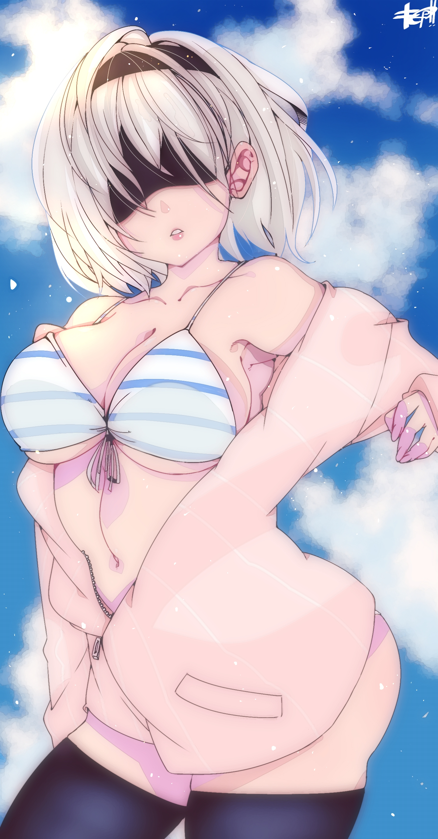 1girls, absurd res, ass, bikini, blindfold, breasts, female, female only, hi res, large breasts, nier: automata, omochi db, solo, swimsuit, thighhighs, thighs, white hair, yorha 2b