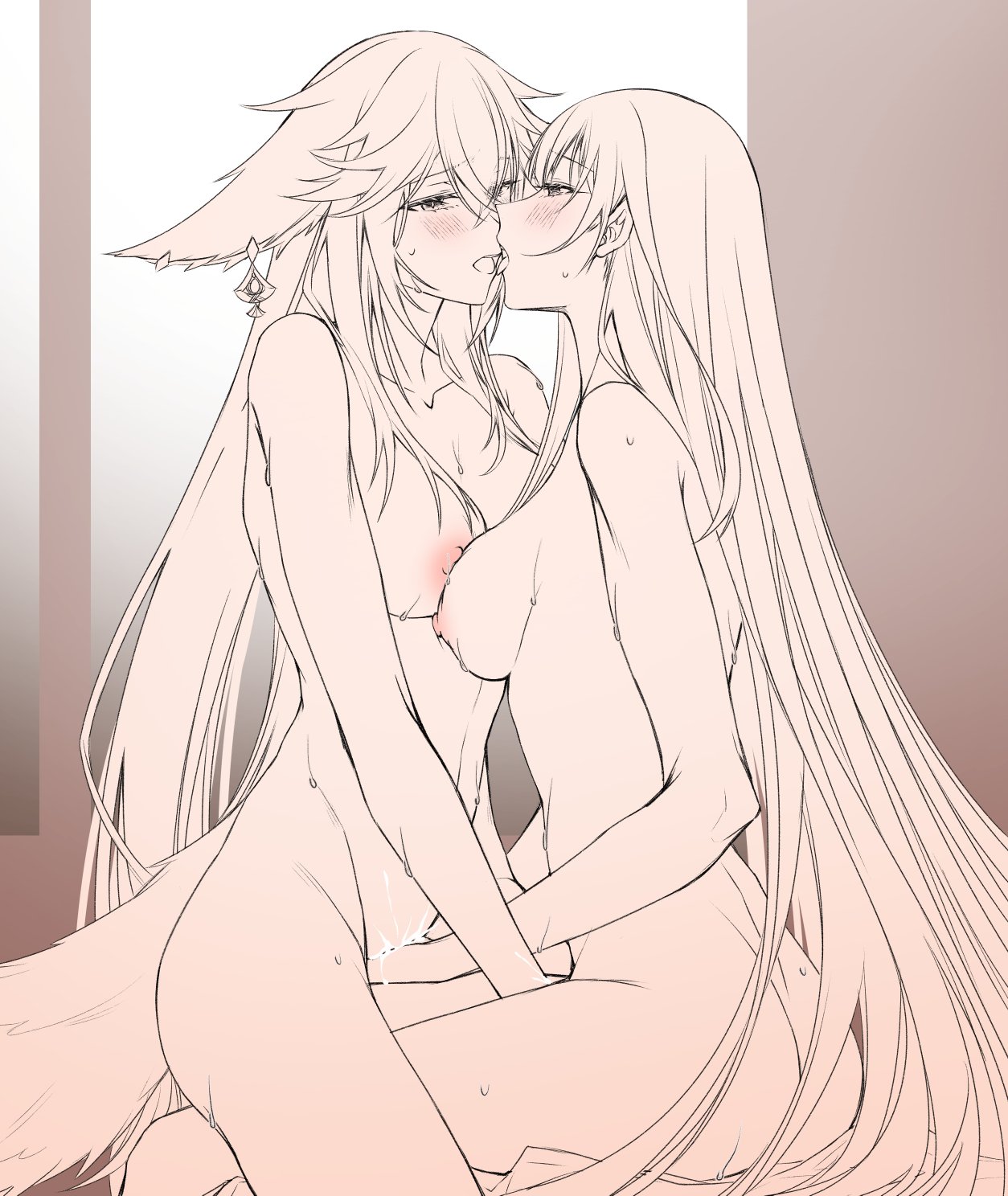  tskrskr, 2girls, blush, breasts, cowgirl position, female, female only, finger fuck, fingering, fingering each other, fingering partner, fox ears, fox girl, fox tail, genshin impact, half-closed eyes, imminent kiss, kitsune, lesbian sex, long hair, multiple females, multiple girls, naked, nude, nude female, pussy, raiden shogun, straddling, sweatdrop, tongue, tongue out, vagina, vaginal insertion, vaginal penetration, vaginal sex, wet pussy, yae miko, yuri