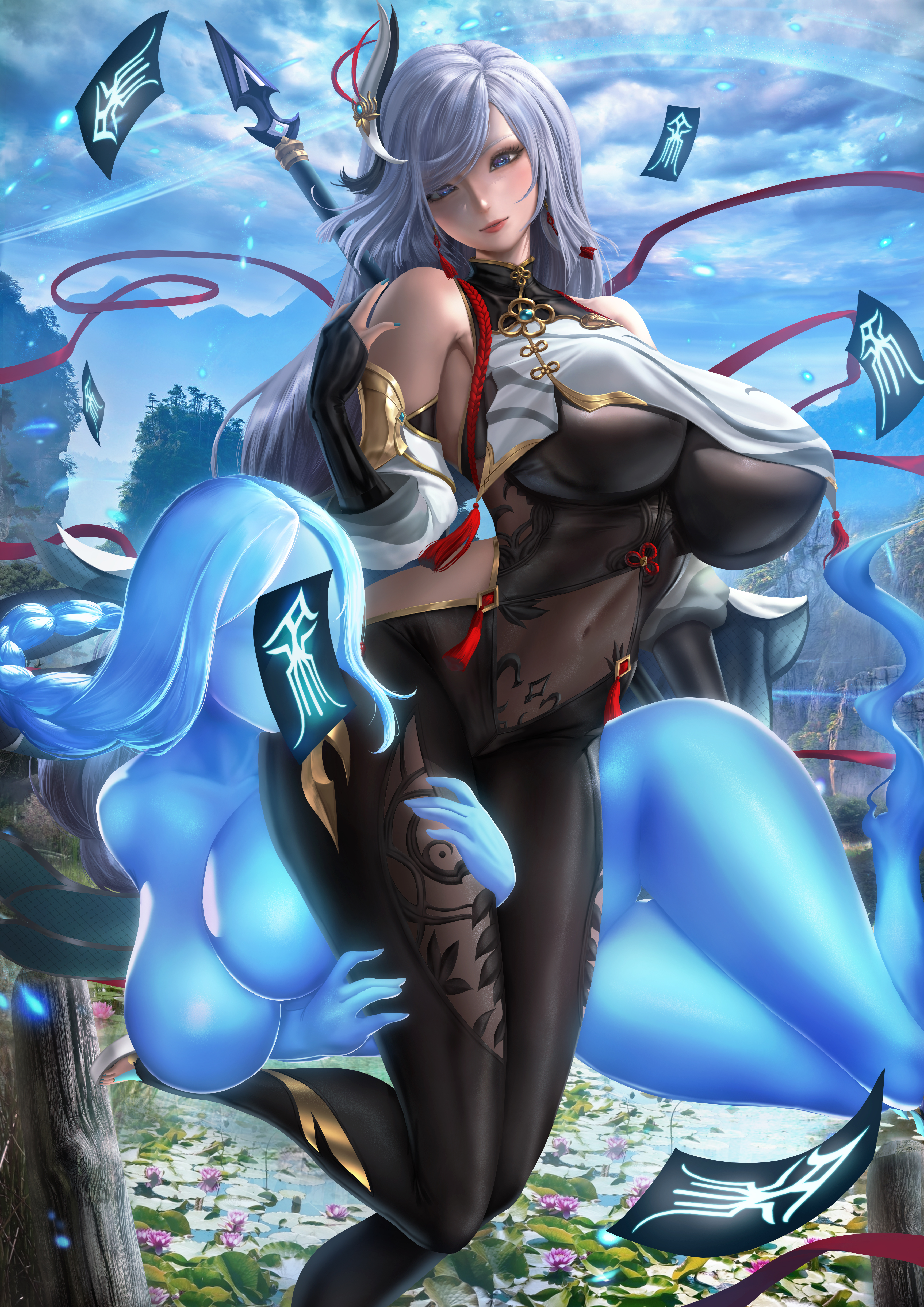 2girls, absurd res, absurdres, bare shoulders, big breasts, black bodysuit, blue body, blue eyes, blue skin, bodysuit, braided hair, braided ponytail, breast curtains, breasts, busty, clone, clothed, clothed female, clothing, curvaceous, curvy female, extremely large filesize, female, female focus, female only, fit, fit female, genshin impact, ghost, ghost girl, hands on thighs, high resolution, highres, hip vent, hips, holding spear, holding weapon, huge breasts, large breasts, large filesize, legs, lexaiduer, light skin, light-skinned female, long hair, navel, nonude, ofuda, shenhe (genshin impact), shenhe spirit (genshin impact), shiny, shiny hair, silver hair, spear, spirit, stomach, talisman, thick thighs, thighs, tied hair, toned, toned body, toned female, toned stomach, very high resolution, wide hips, yuri