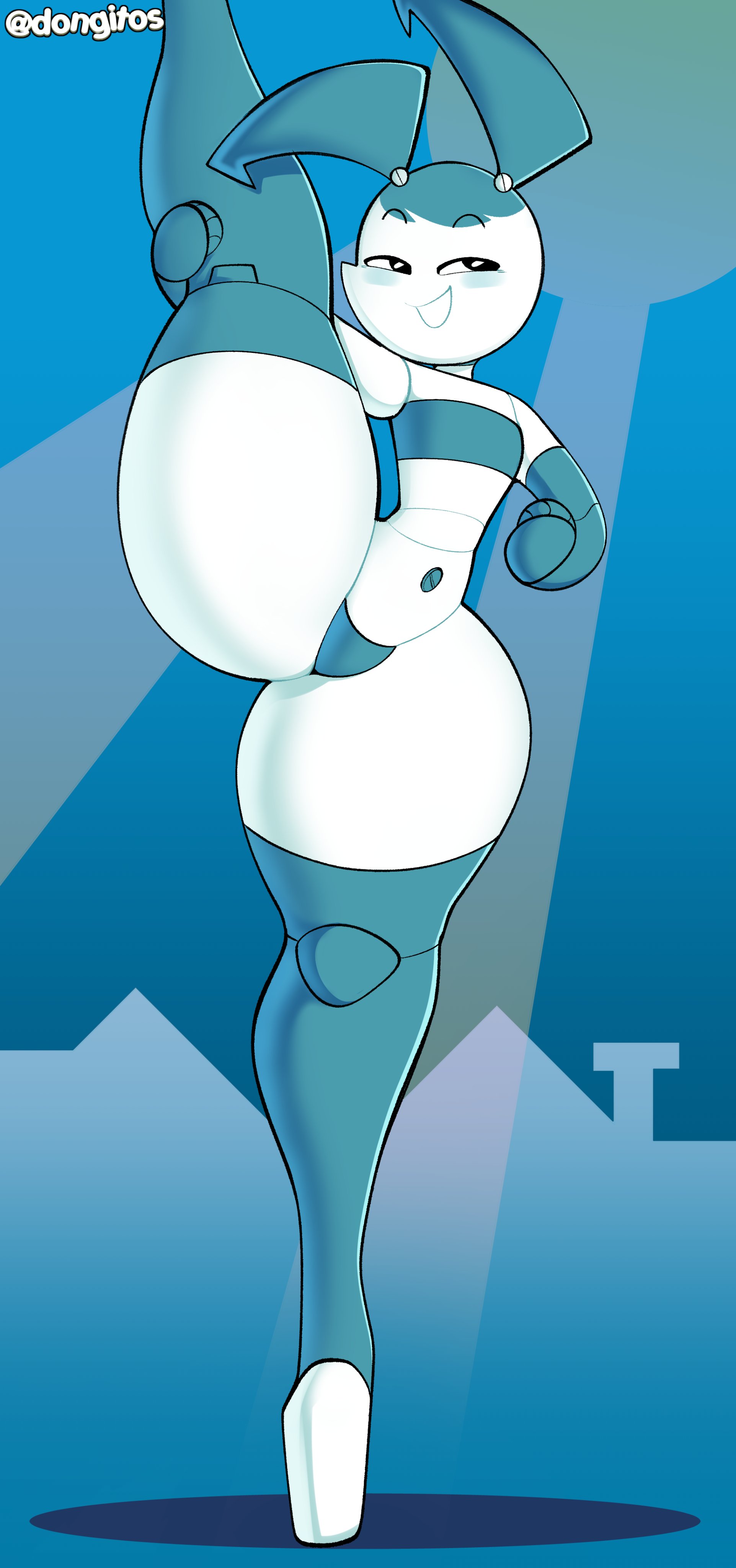 2022, black eyes, blue hair, blue panties, blush, dongitos, female, jenny wakeman, my life as a teenage robot, navel, no pants, one leg up, panties, robot, smug, standing, standing on one leg, tagme, thick thighs, thighhighs, thunder thighs, vertical splits, xj-9