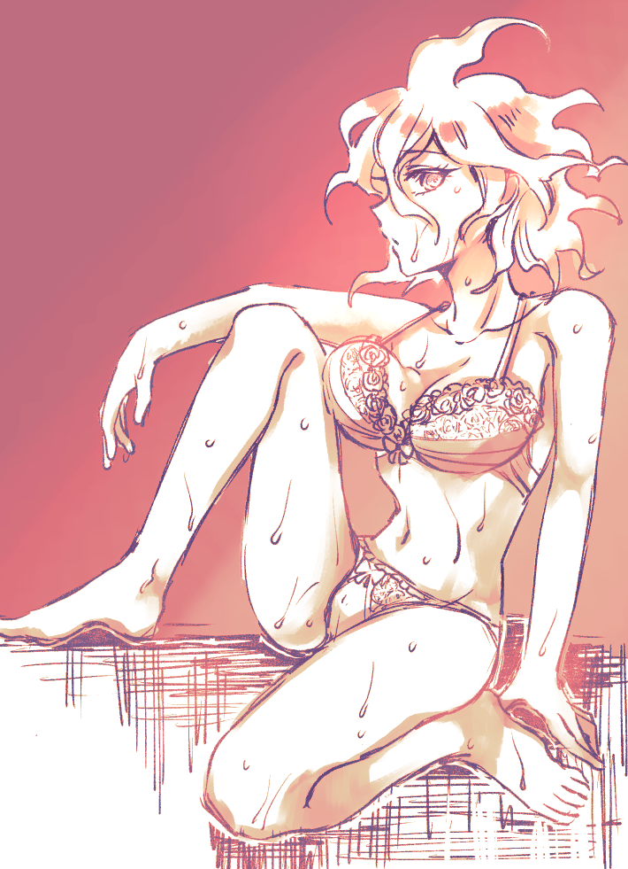 1girls big_breasts bra breast_press breasts cleavage danganronpa danganronpa_2:_goodbye_despair female female_only genderswap_(mtf) hair_between_eyes karairo lingerie looking_at_viewer medium_hair nagito_komaeda navel panties pose rule_63 sitting solo straight_hair sweat wavy_hair