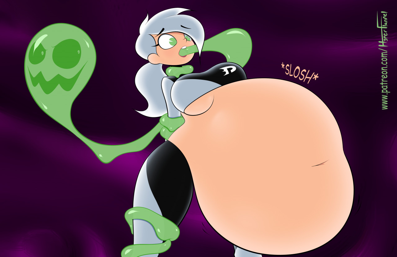 1girls, arms tied behind back, belly, belly expansion, belly inflation, big belly, big breasts, bondage, breasts, dani phantom, danny phantom, expansion, female, force feeding, green eyes, huge belly, hyperflannel, inflation, large breasts, underboob, white hair