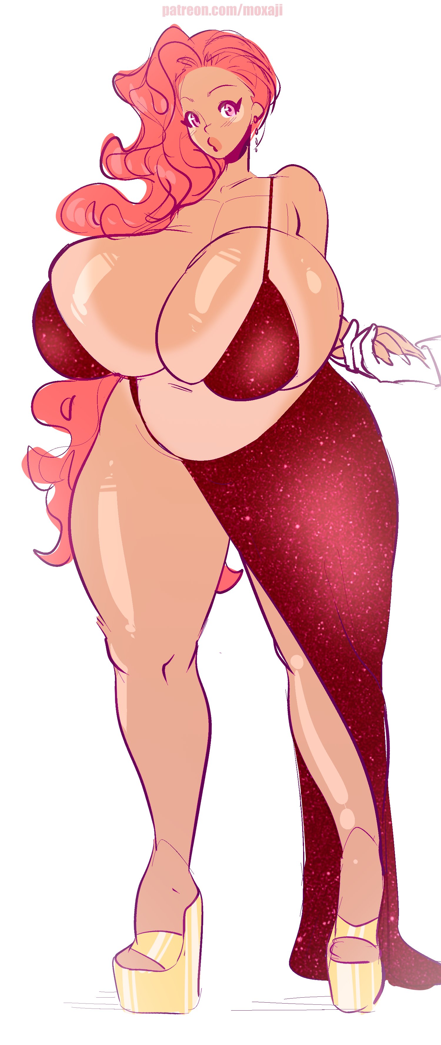 1girls, 2022, big breasts, breasts, cleavage, clothing, daisy (moxaji), daphne dress, dress, female, female only, high heels, huge breasts, long hair, looking at viewer, moxaji, original, red hair, revealing clothes, skimpy, solo, tan skin, tanline, tanned, thick thighs, voluptuous, wide hips