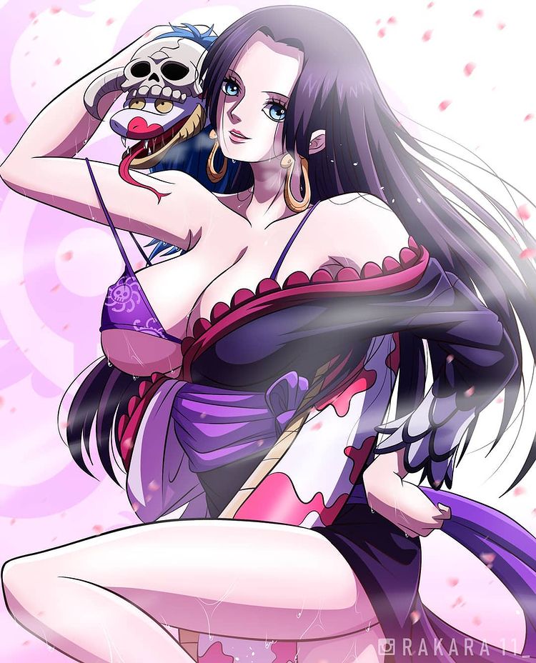 big_breasts black_hair blue_eyes boa_hancock bra breasts cleavage earrings female female_only kimono legs long_hair one_piece one_piece_film_stampede pirate princess rakara11 seductive seductive_look seductive_smile snake sweat