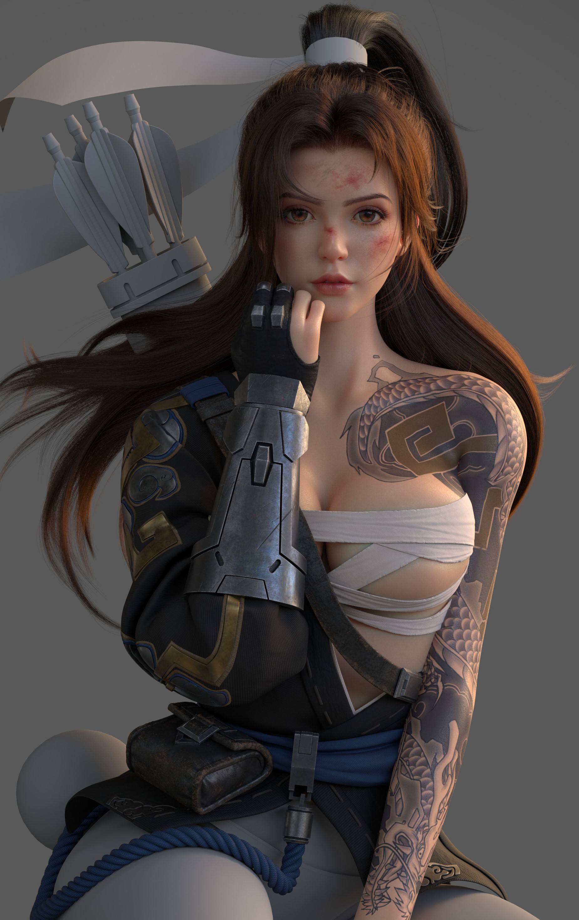 1girls, 3d, bandage, big breasts, blizzard entertainment, breasts, female, female hanzo, female only, genderswap, hanzo, light skin, light-skinned female, overwatch, rule 63, tattoo, yifu feng