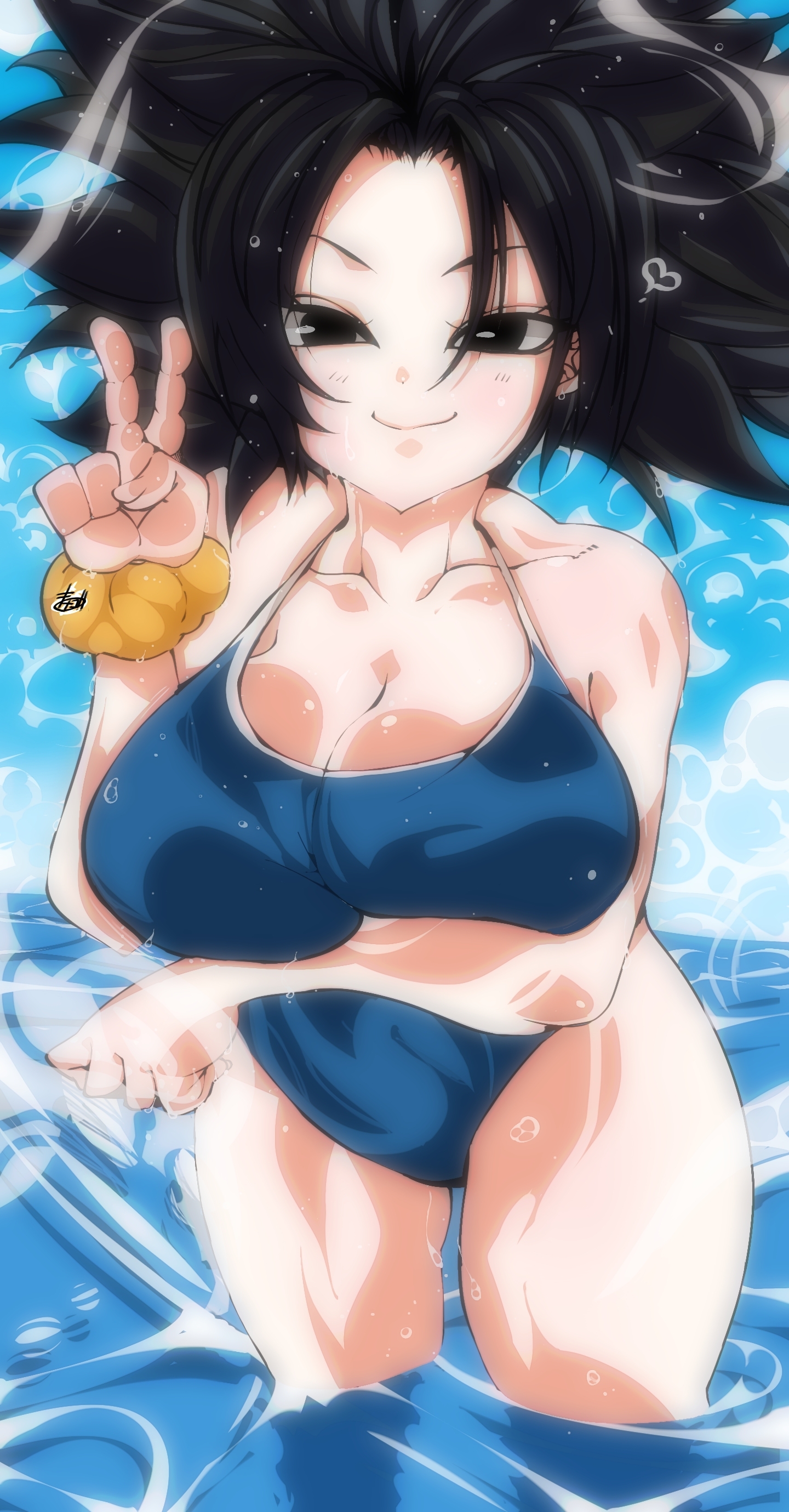 1girls, arm under breasts, big breasts, black eyes, black hair, breasts, caulifla, cleavage, dragon ball, dragon ball super, dragon ball z, female, female only, female saiyan, hi res, large breasts, looking at viewer, omochi db, one-piece swimsuit, saiyan, solo, swimsuit, thighs, water, wide hips