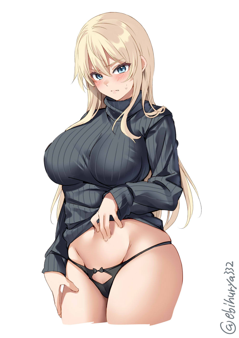 aqua eyes, bismarck (kantai collection), black panties, black sweater, blonde hair, blush, breasts, clothes lift, cowboy shot, crotch, ebifurya, female, highres, kantai collection, large breasts, lifted by self, long hair, looking at viewer, panties, partially visible vulva, pussy, ribbed sweater, solo, stomach, sweat, sweatdrop, sweater, sweater lift, turtleneck, turtleneck sweater, twitter username, underwear, white background