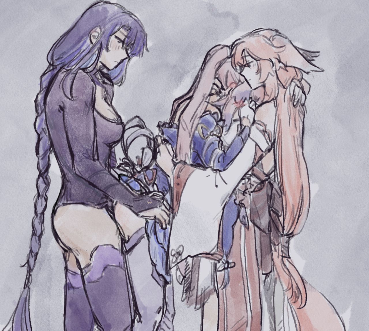 3girls, ambiguous penetration, braided hair, breasts, clothed sex, embrace, face in breasts, female, female only, genshin impact, hands on hips, kitsune, multiple females, multiple girls, pink hair, purple hair, raiden shogun, sandwich position, sangonomiya kokomi, standing sex, strap-on, strapon, threesome, yae miko, yuri