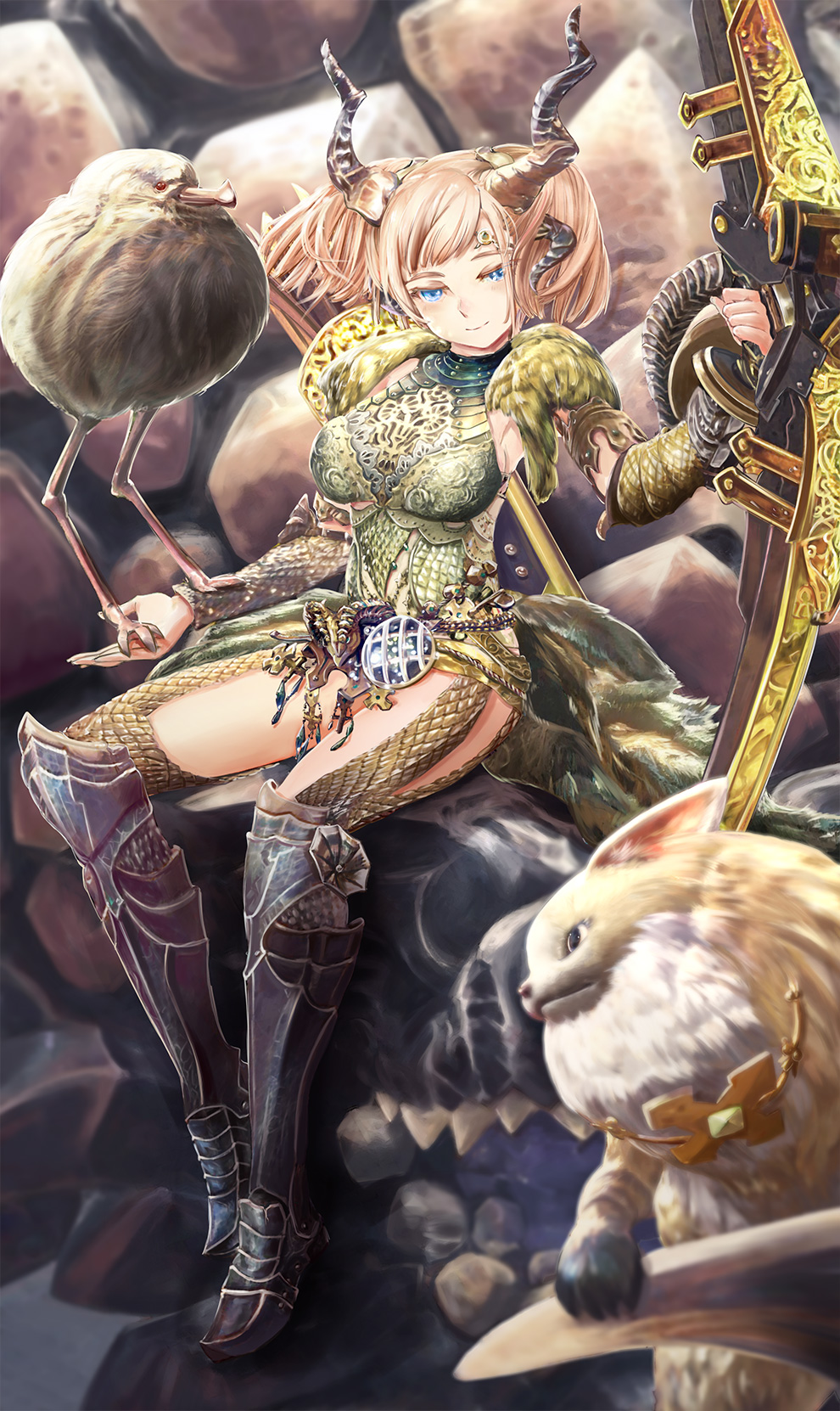 armor artist_request bazelgeuse bird blue_eyes boots bow capcom crown front_view gold gold_(metal) gold_jewelry horn horns inner_thighs kulve_taroth kulve_taroth_(armor) looking_at_viewer monster_hunter monster_hunter_world palico pink_hair short_hair sideboob sitting tagme thick_thighs twintails