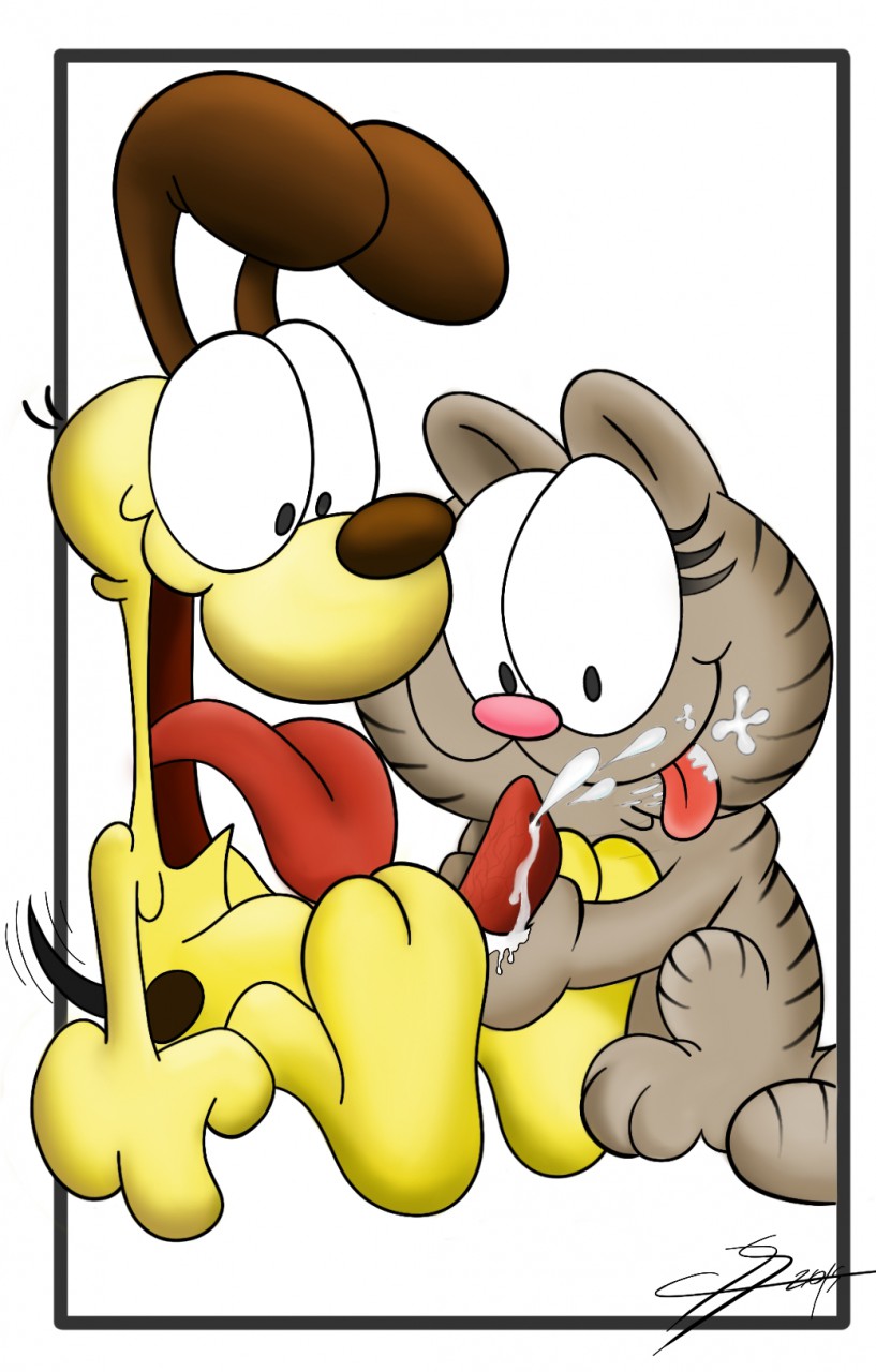 2boys canine canine_genitalia canine_penis cartoony cat climax cum dog dog_penis ejaculation erection feral furry garfield_(series) gay grey_fur handjob highres licking_lips lobofeo nermal_(garfield) odie semen tagme tongue