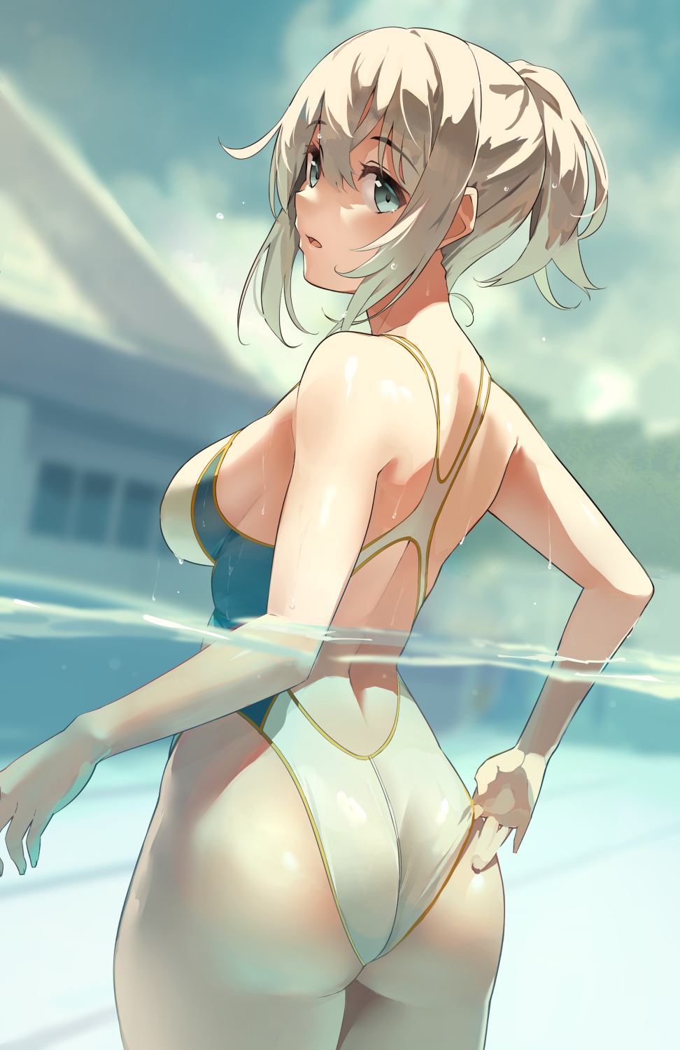 1girls ass blue_eyes female female_only hi_res kekemotsu looking_at_viewer looking_back nikuzume one-piece_swimsuit original partially_submerged solo swimsuit thighs white_hair