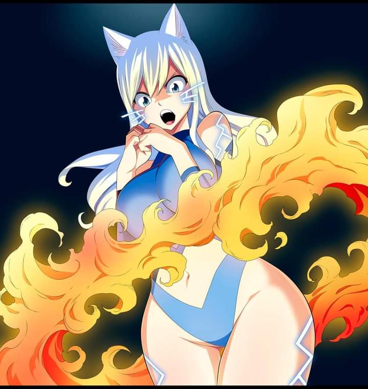 1girls artist_request ass big_breasts blue_eyes breasts cat_ears cat_tail catgirl edens_zero fire long_hair open_mouth overdrive_(edens_zero) rebecca_bluegarden ring sole_female solo standing thick_hips thick_legs white_hair wide_hips