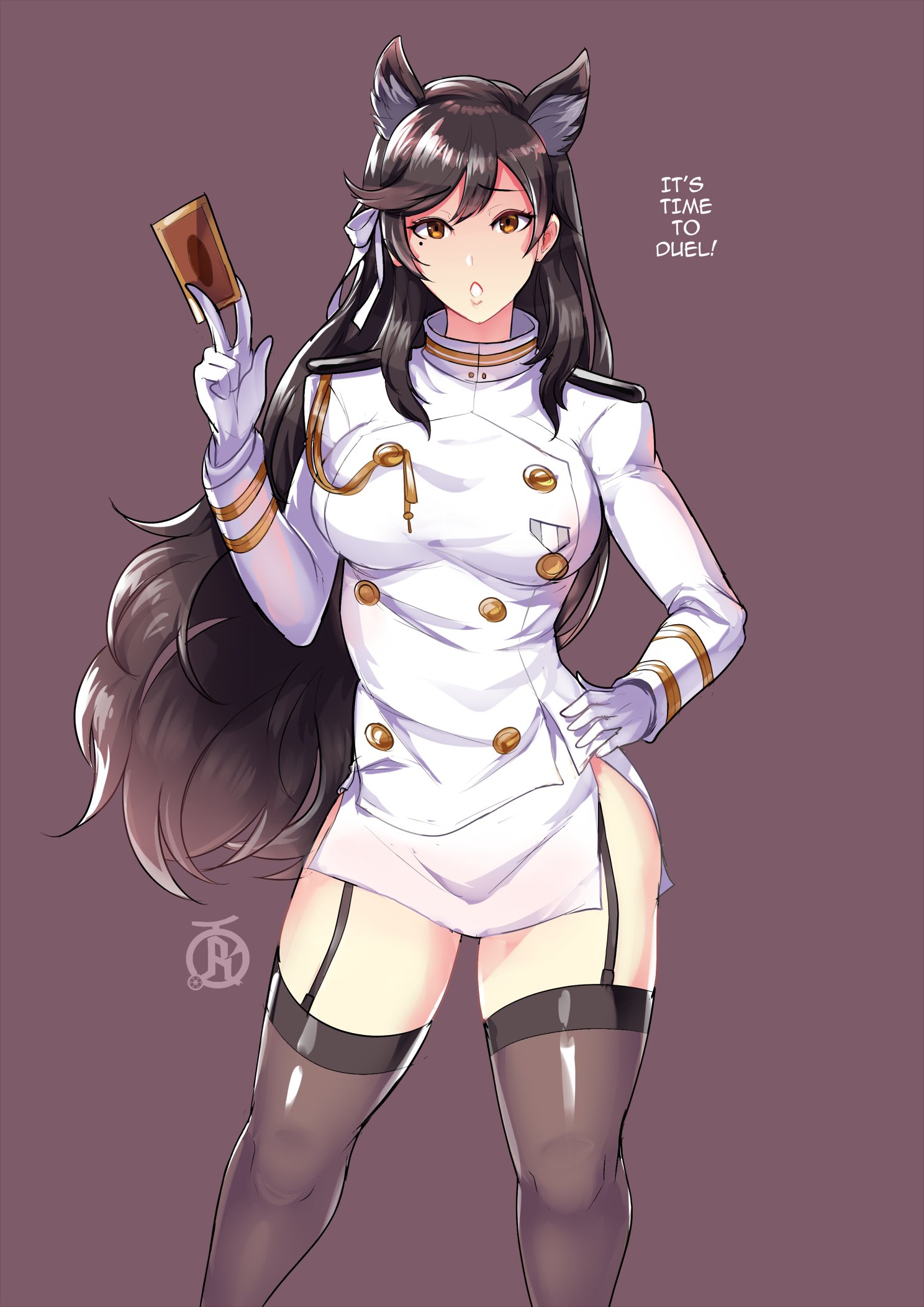 1girls, atago (azur lane), azur lane, beauty mark, black hair, blush, breasts, card, cat ears, color, english text, female, garter straps, gloves, hand on hip, large breasts, long hair, looking at viewer, medal, mole, mole under eye, naval uniform, playing card, revolverwingstudios, skirt, solo, tagme, talking to viewer, thighhighs, thighs, tongue, uniform, yu-gi-oh card, yu-gi-oh!