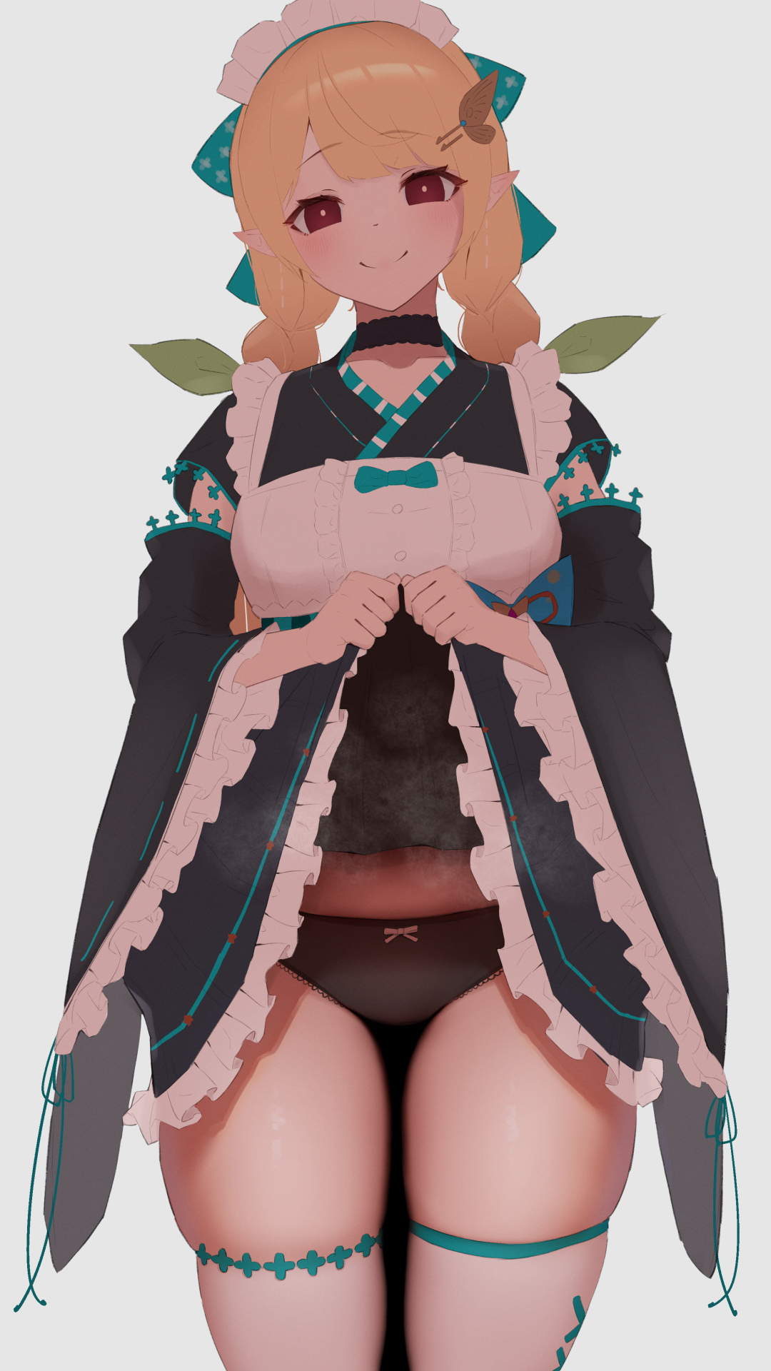 blonde hair, lifting skirt, maid, maid headdress, maid outfit, maid uniform, nijisanji, nijisanji en, panties, pointy ears, pomu rainpuff, red eyes, showing panties, smile, thick thighs, thighhighs, virtual youtuber