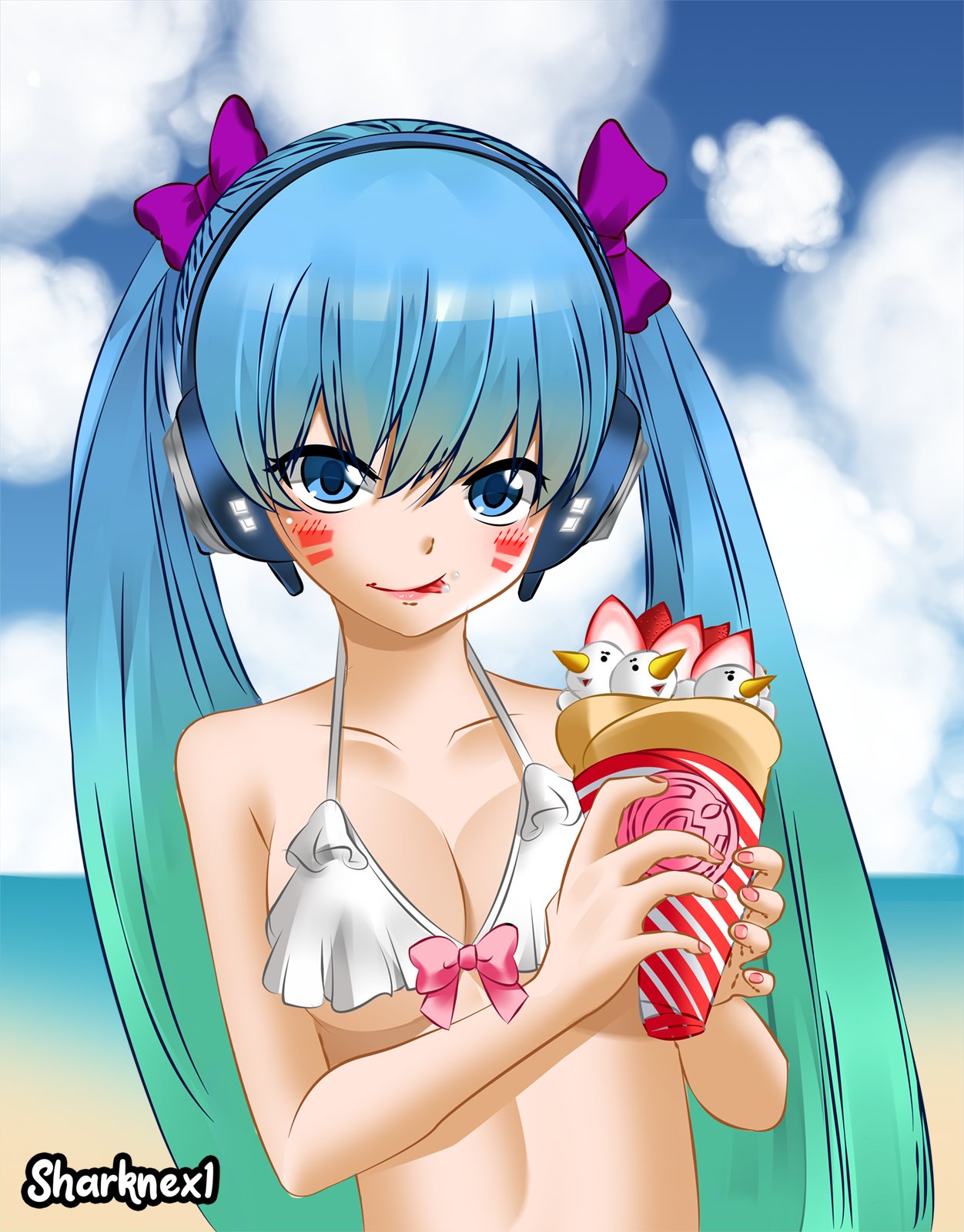 1girls beach bikini blue_eyes blue_hair breasts cloud clouds cloudy_sky edens_zero green_skin hermit_mio holding_ice_cream holding_object ice_cream licking licking_lips long_hair looking_at_viewer no_sex sand sharknex small_breasts smile smiling sole_female solo tagme two_tone_hair upper_body water