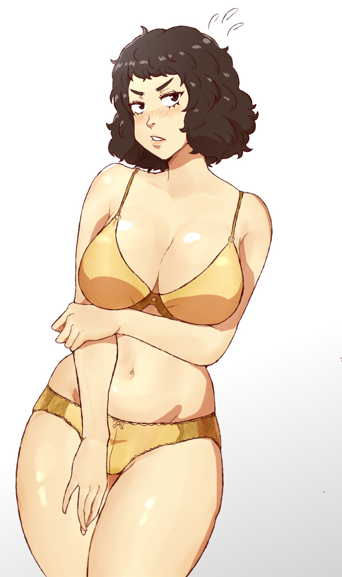1girls, 91m10, arm under breasts, bra, breasts, brown hair, embarrassed, female, female only, light skin, light-skinned female, looking at viewer, persona, persona 5, sadayo kawakami, shin megami tensei, short hair, solo, teacher, thighs, voluptuous