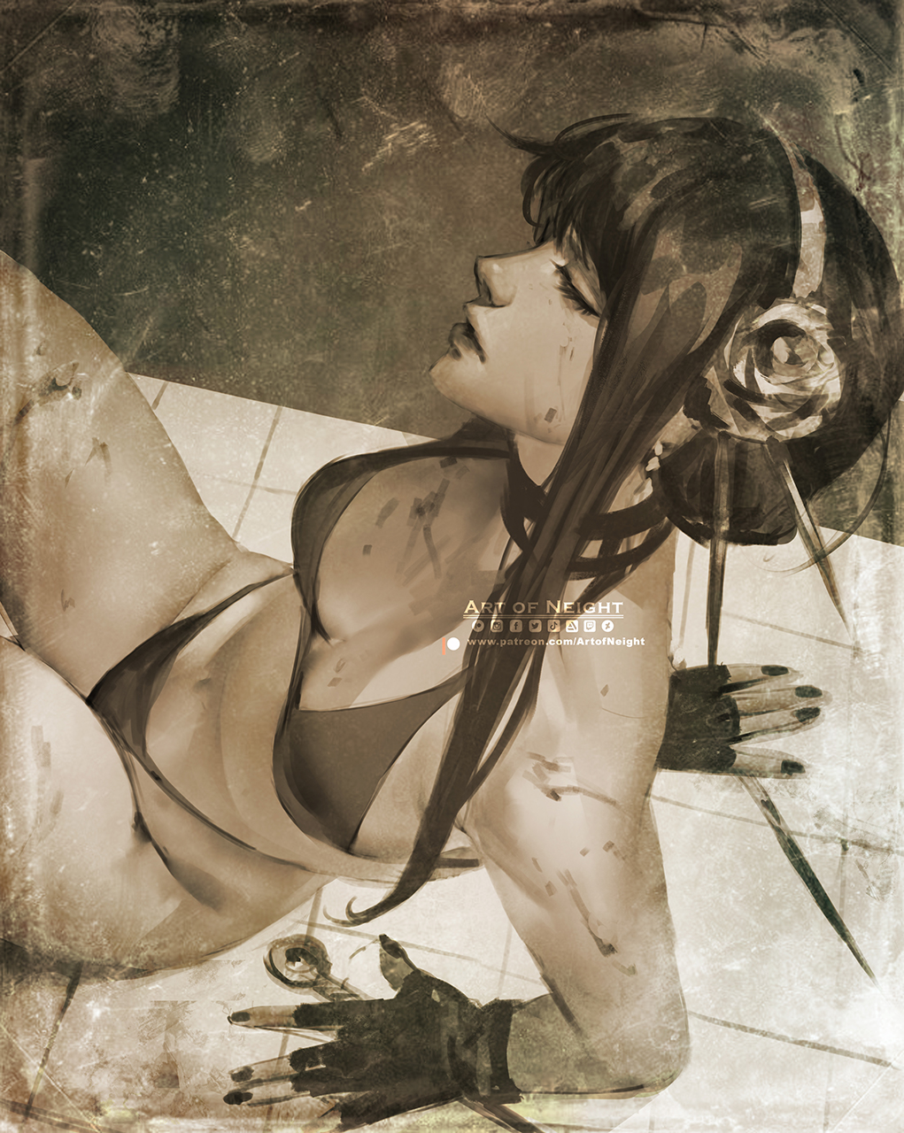 1girls, assassin, bikini, blood, bra, breasts, choker, closed eyes, female, female only, fingerless gloves, midriff, navel, neight, panties, small breasts, solo, spy x family, stiletto (weapon), thorn princess, yor briar